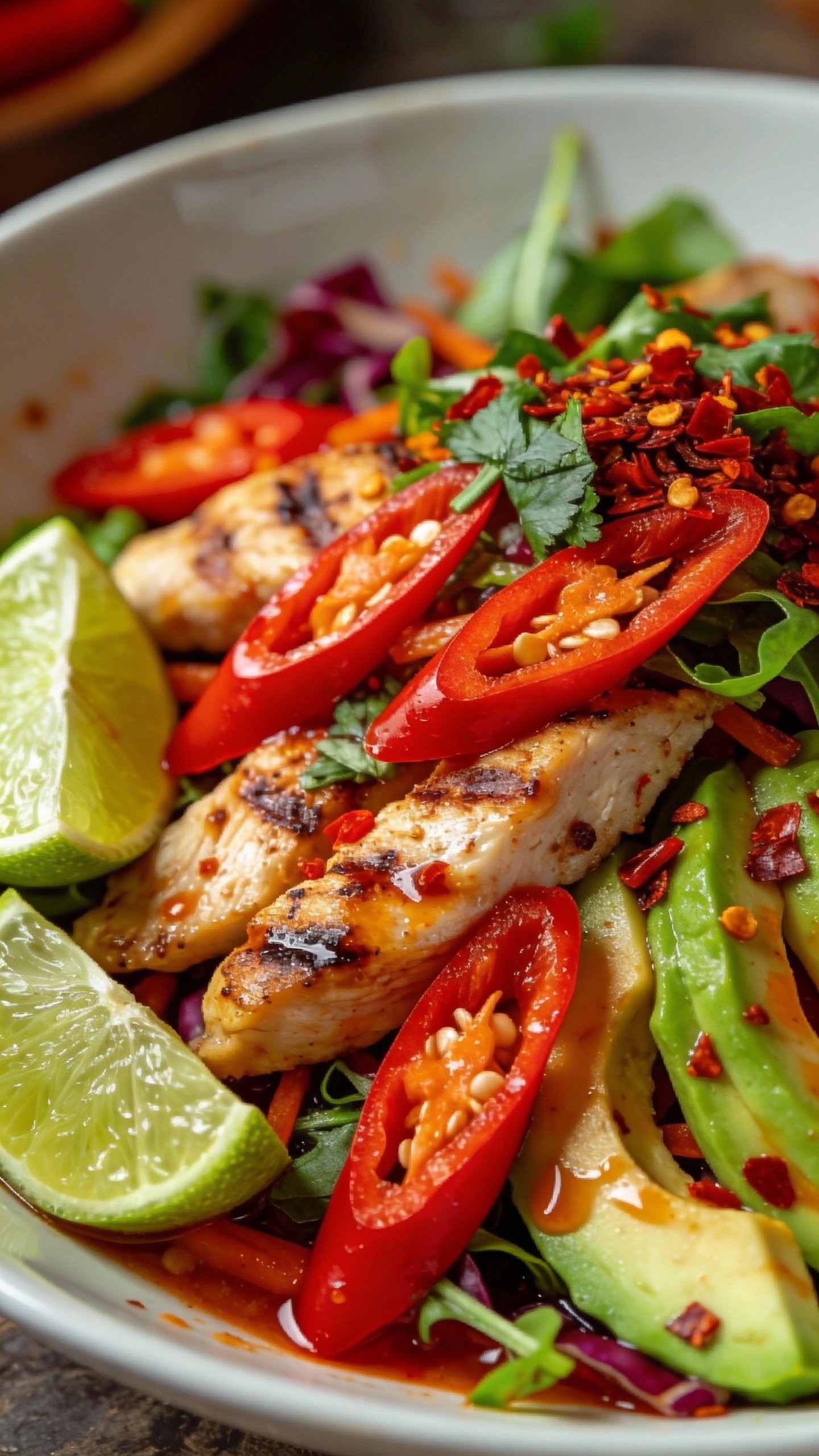 closeup of spicy Thai keto salad in white bowl