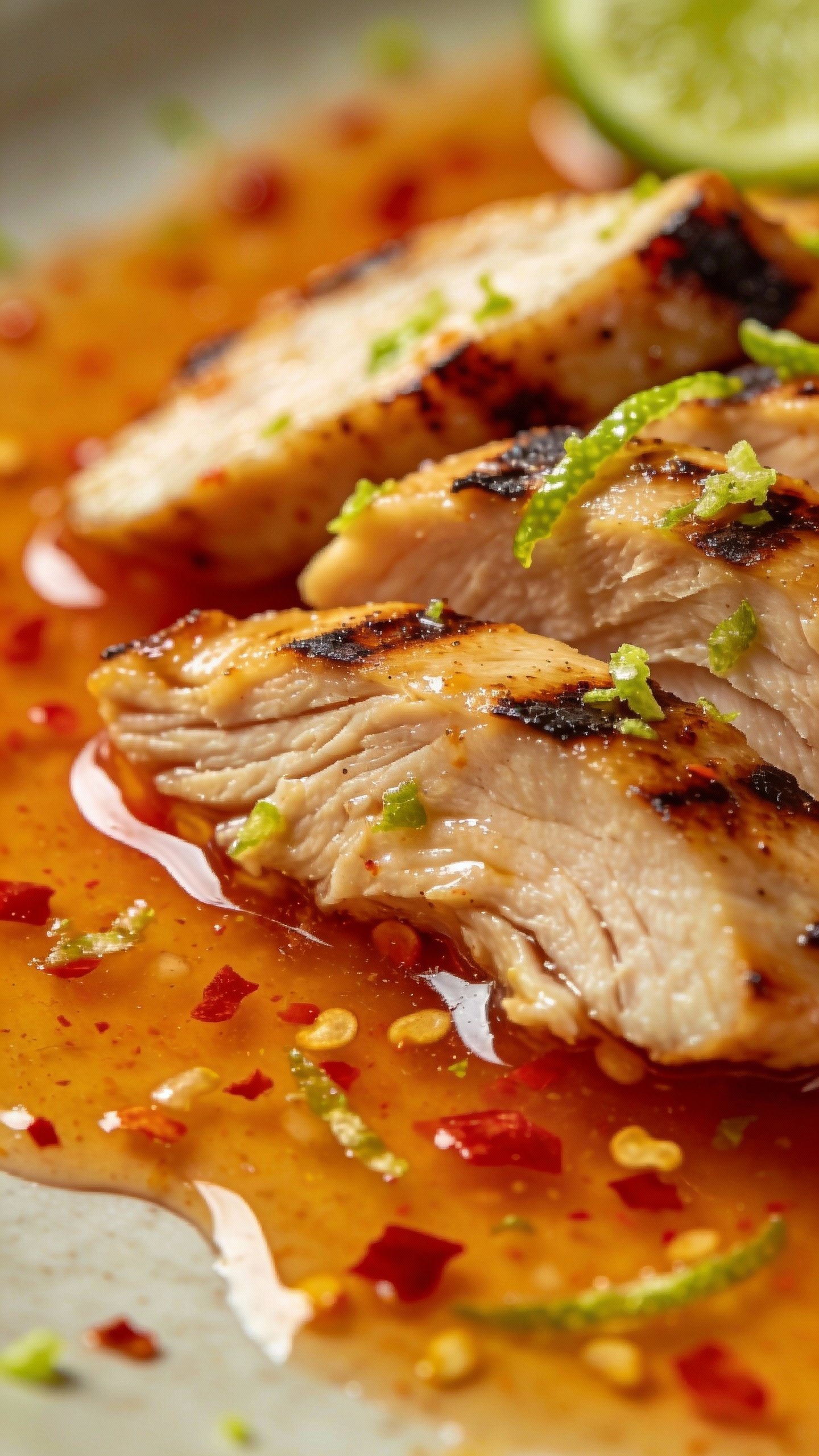 grilled chicken slices over Thai chili-lime dressing, macro shot