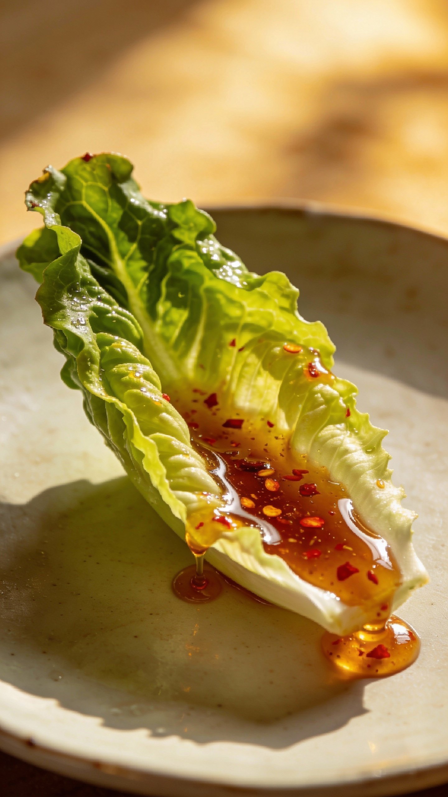 single romaine leaf topped with fish sauce chili vinaigrette