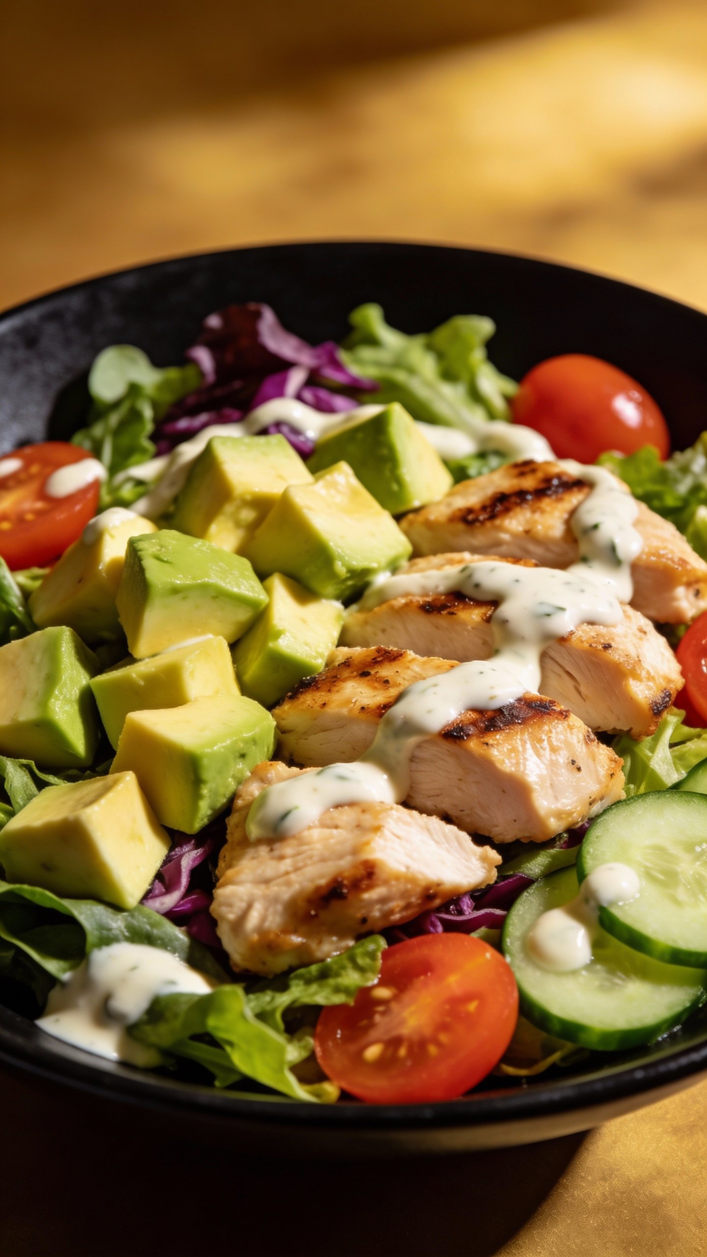 closeup avocado ranch keto salad bowl in matte black dish