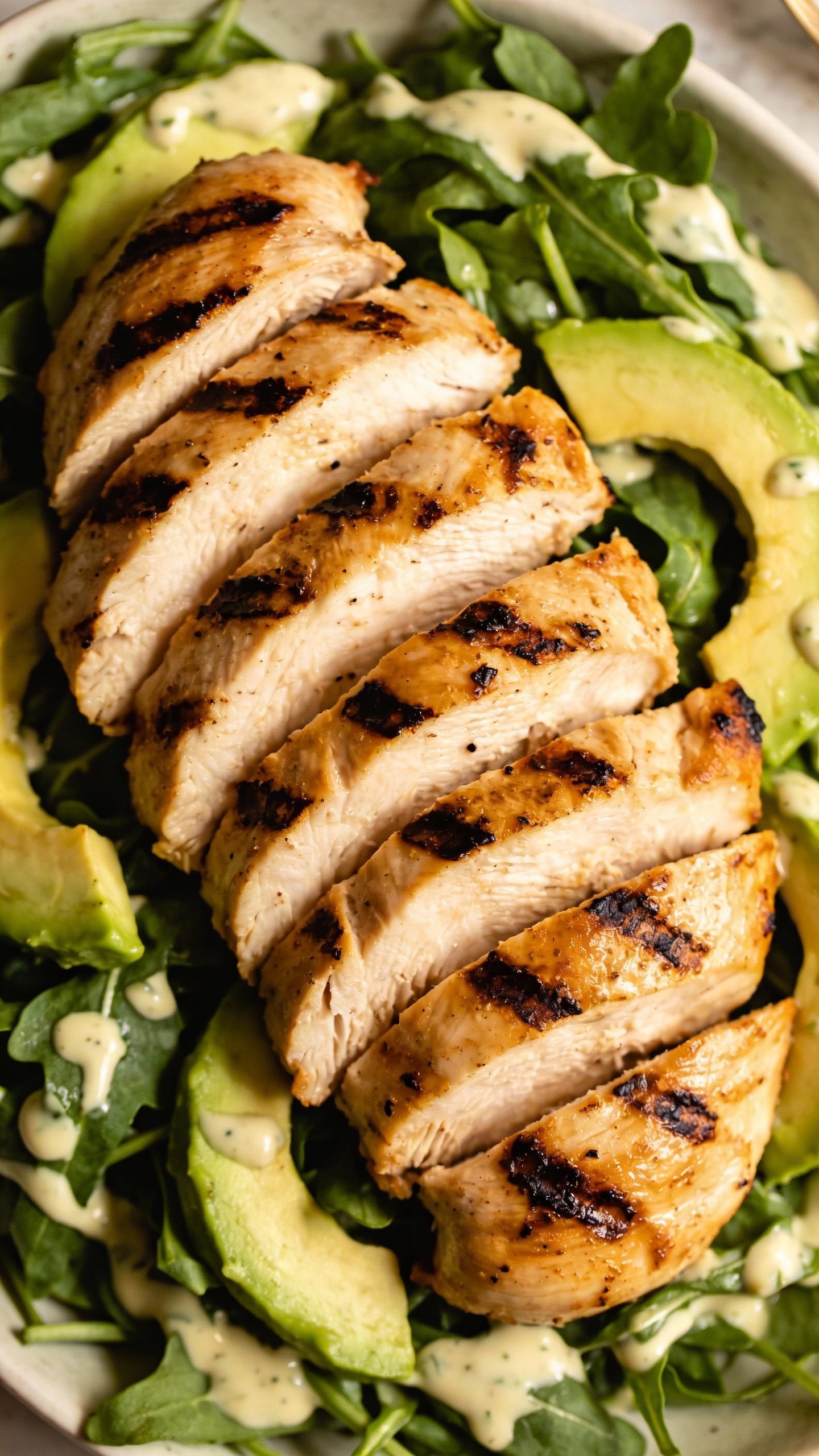 grilled chicken breast slices on avocado ranch greens, overhead