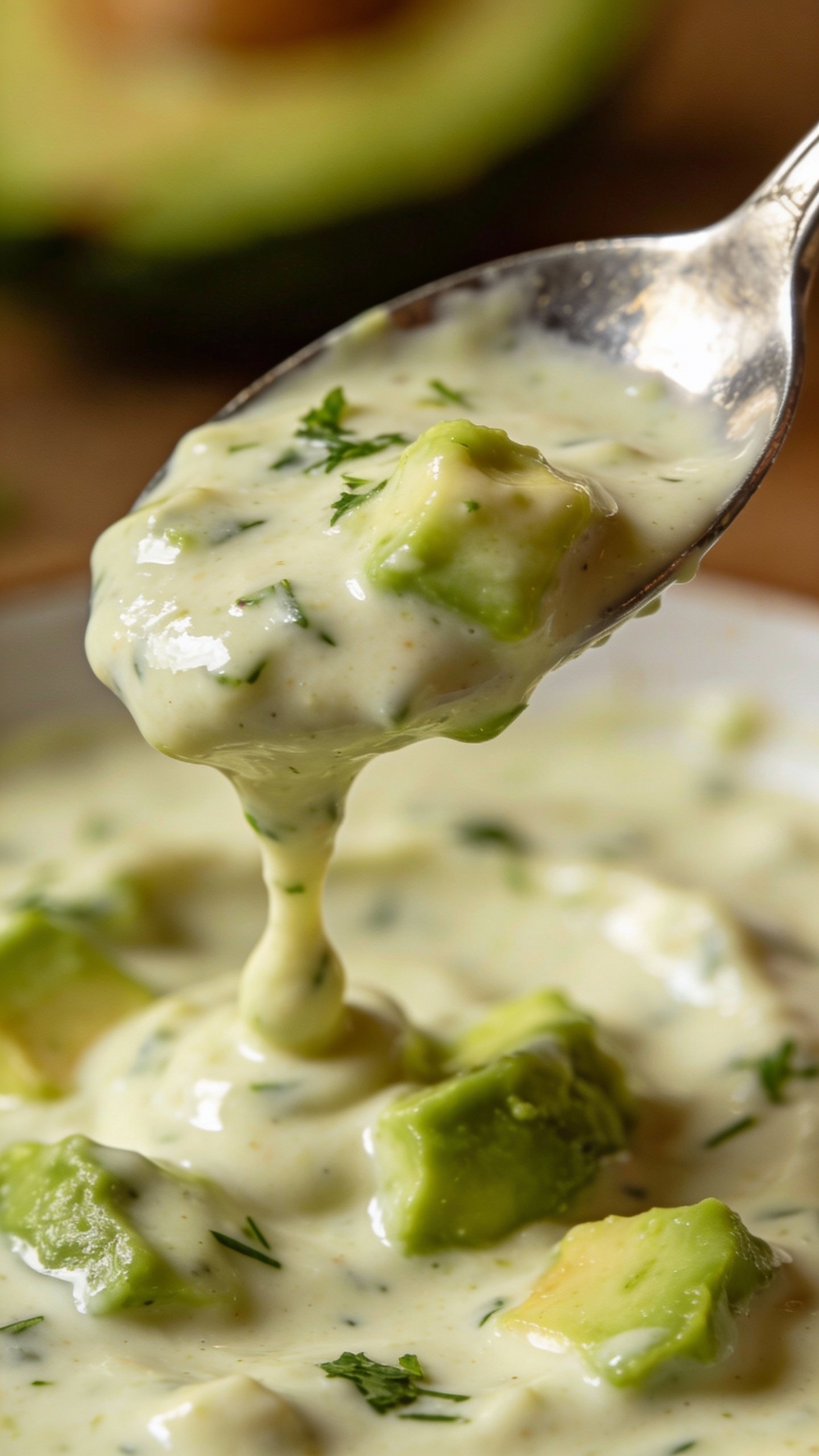 creamy avocado ranch dressing dripping from silver spoon, macro