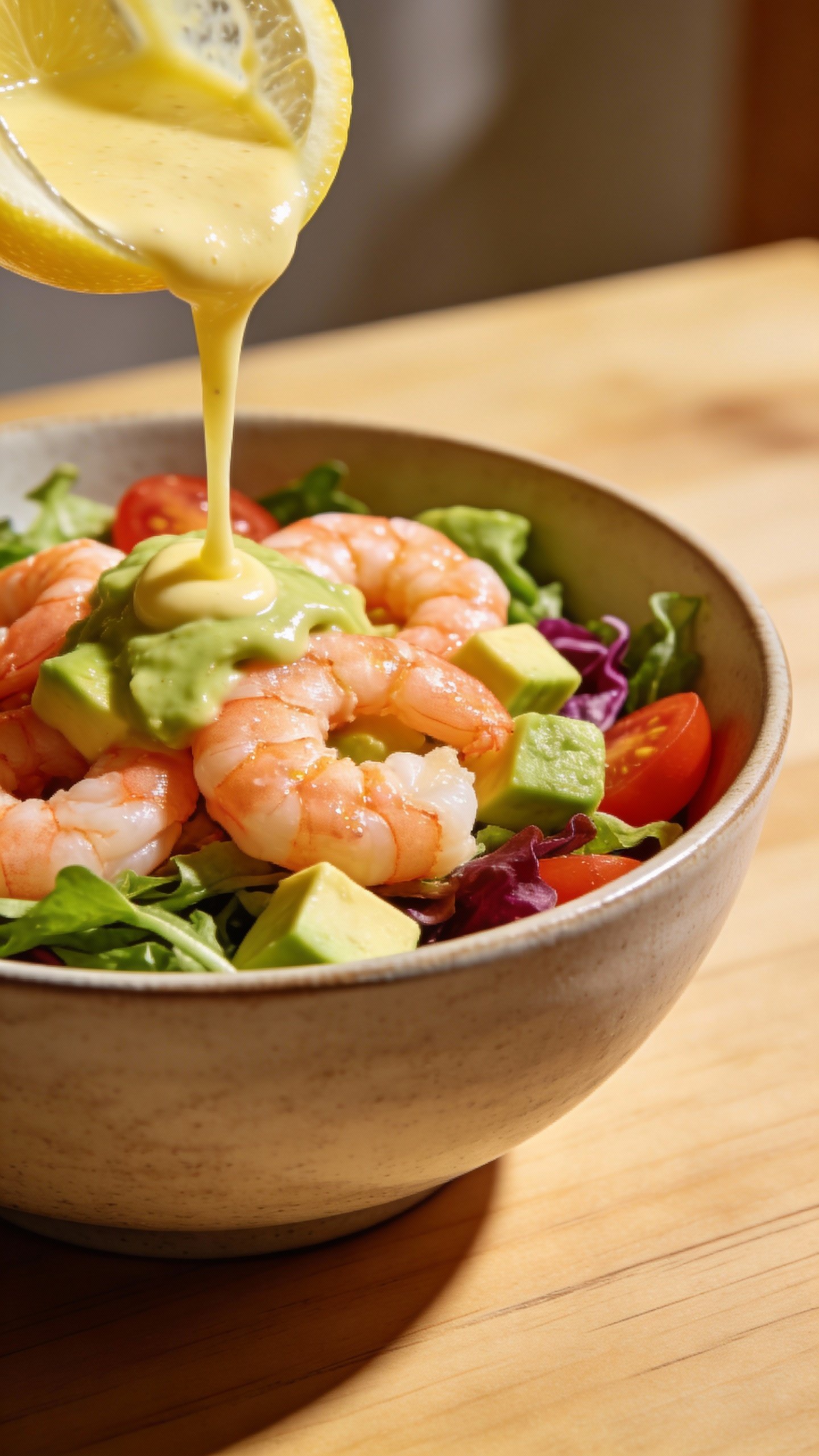 single keto shrimp salad bowl with avocado, lemon dressing