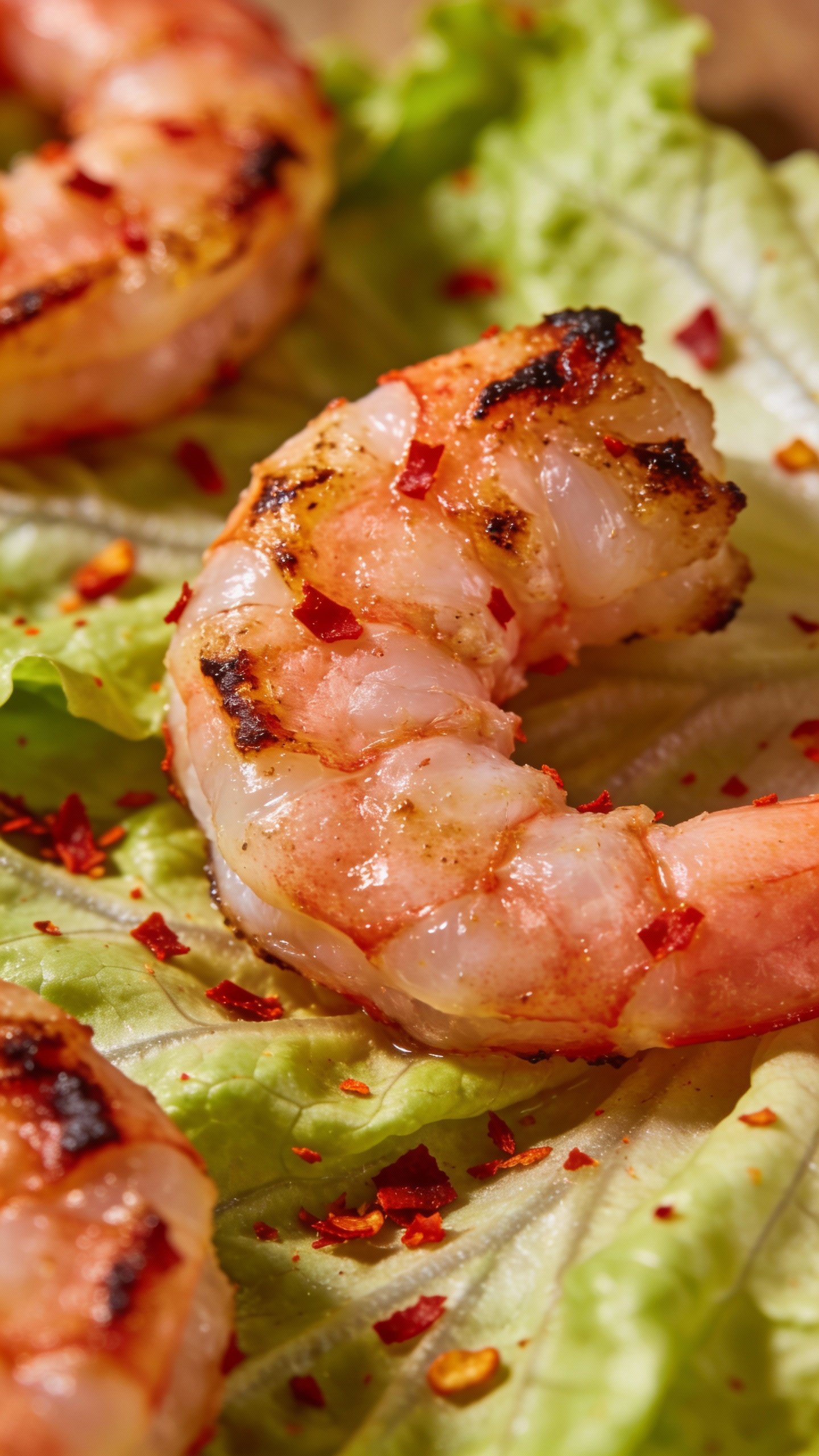 macro shot of seared shrimp on romaine with chili flakes