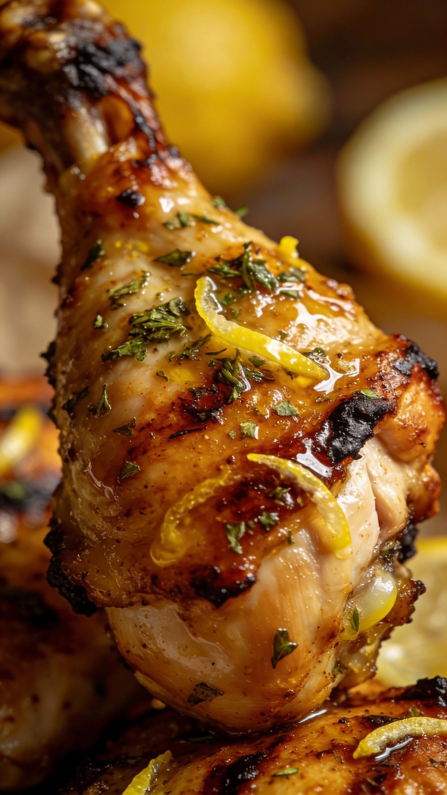 closeup grilled chicken thigh with lemon-oregano glaze