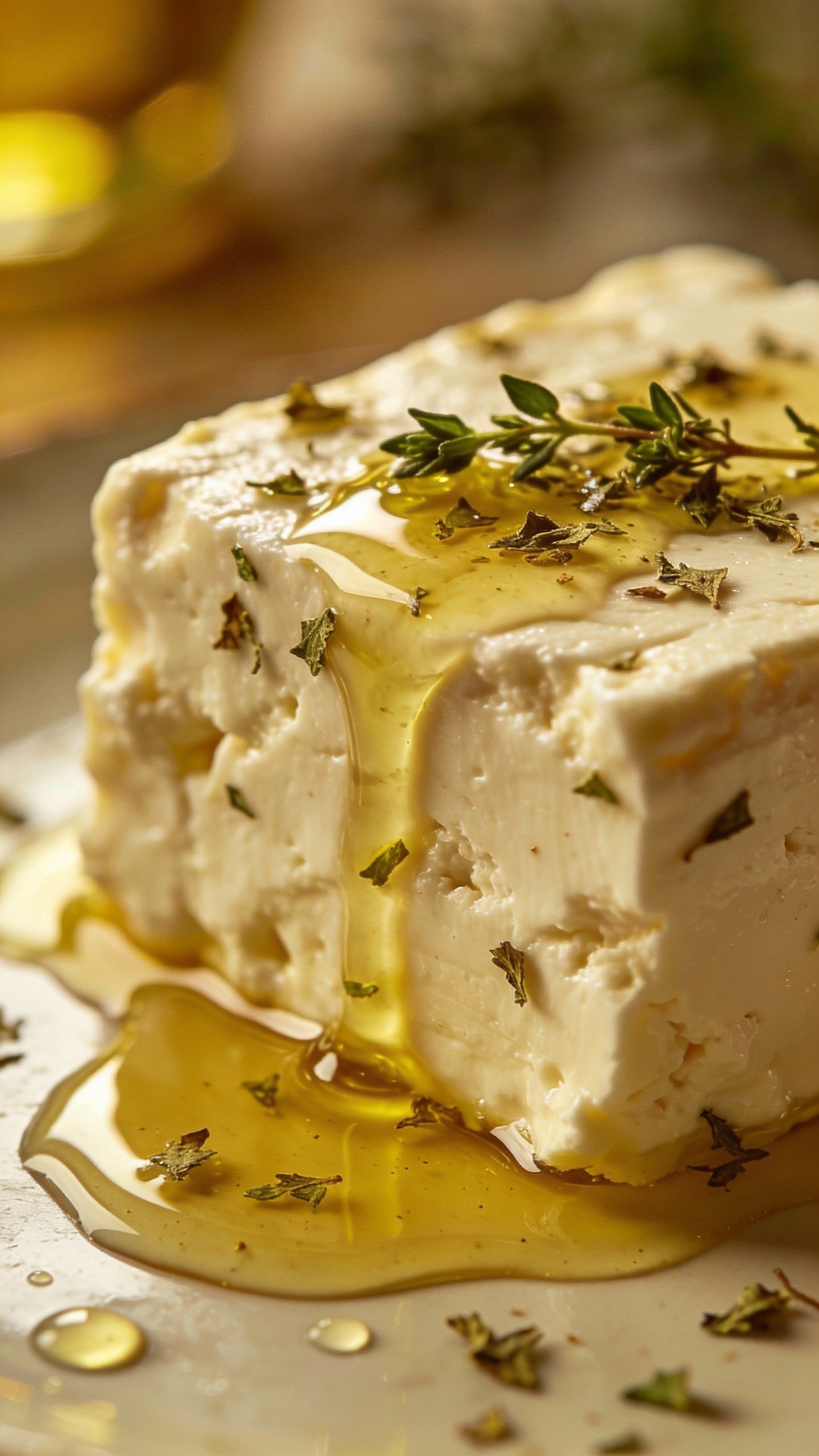 closeup feta block with olive oil and oregano