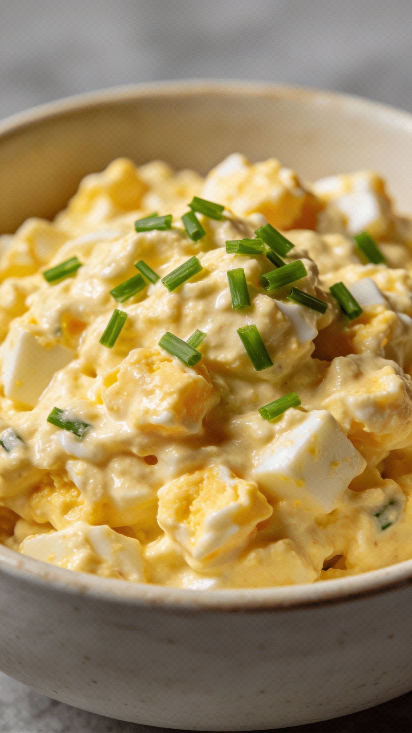 closeup bowl of keto egg salad with chives, matte backdrop
