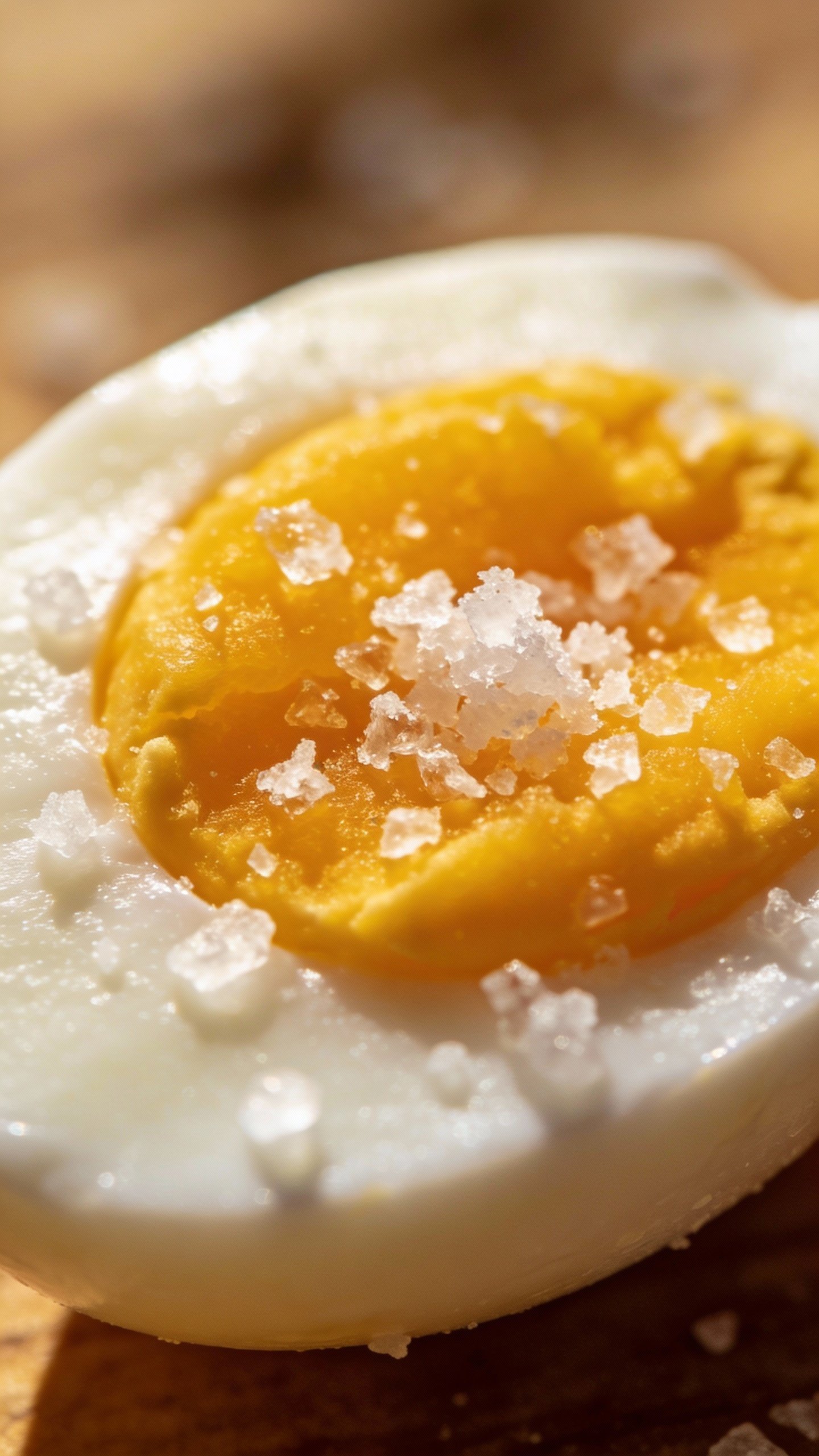 single halved hard-boiled egg with flaky salt, macro