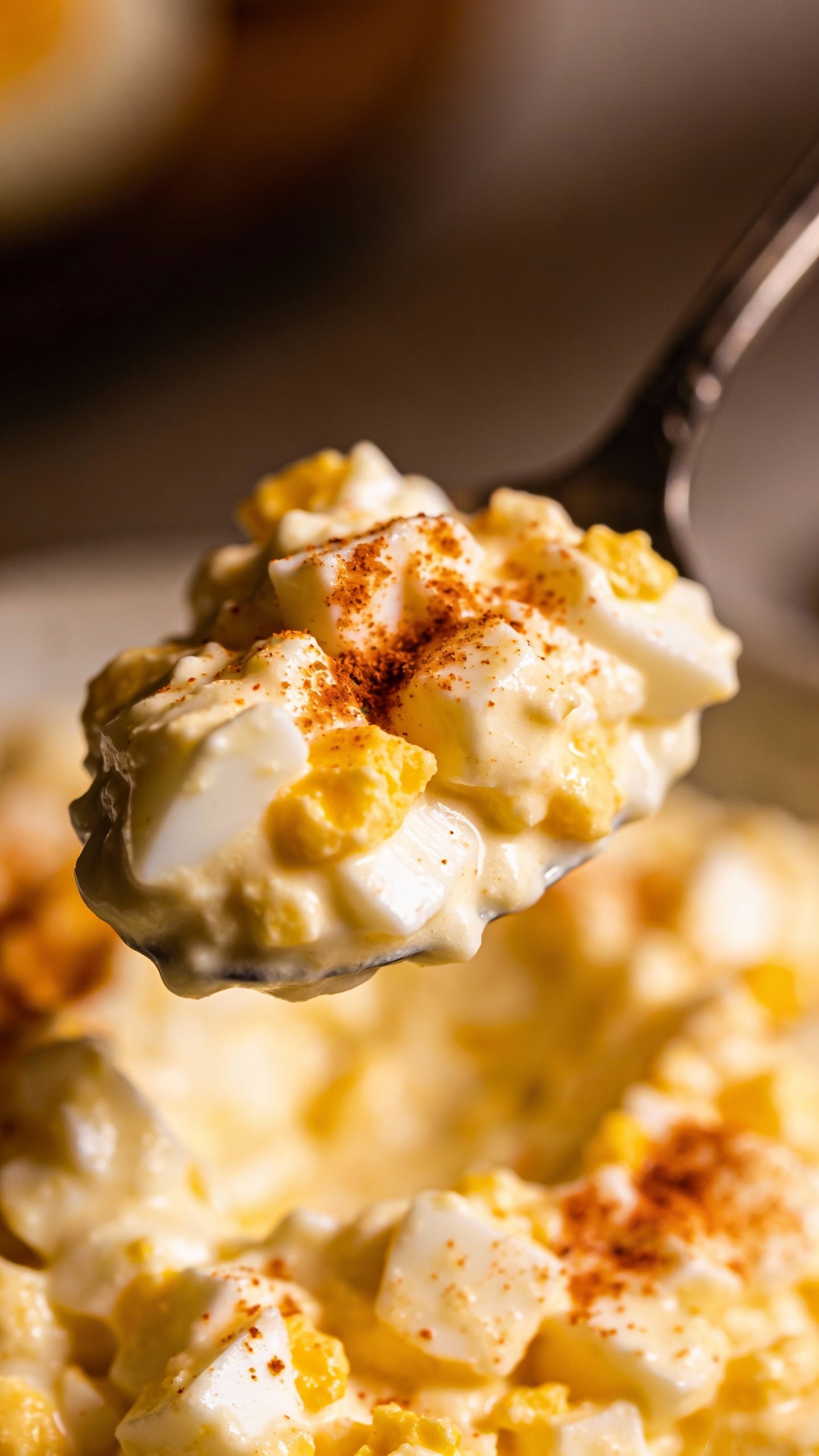 spoonful of creamy keto egg salad with paprika dusting, macro