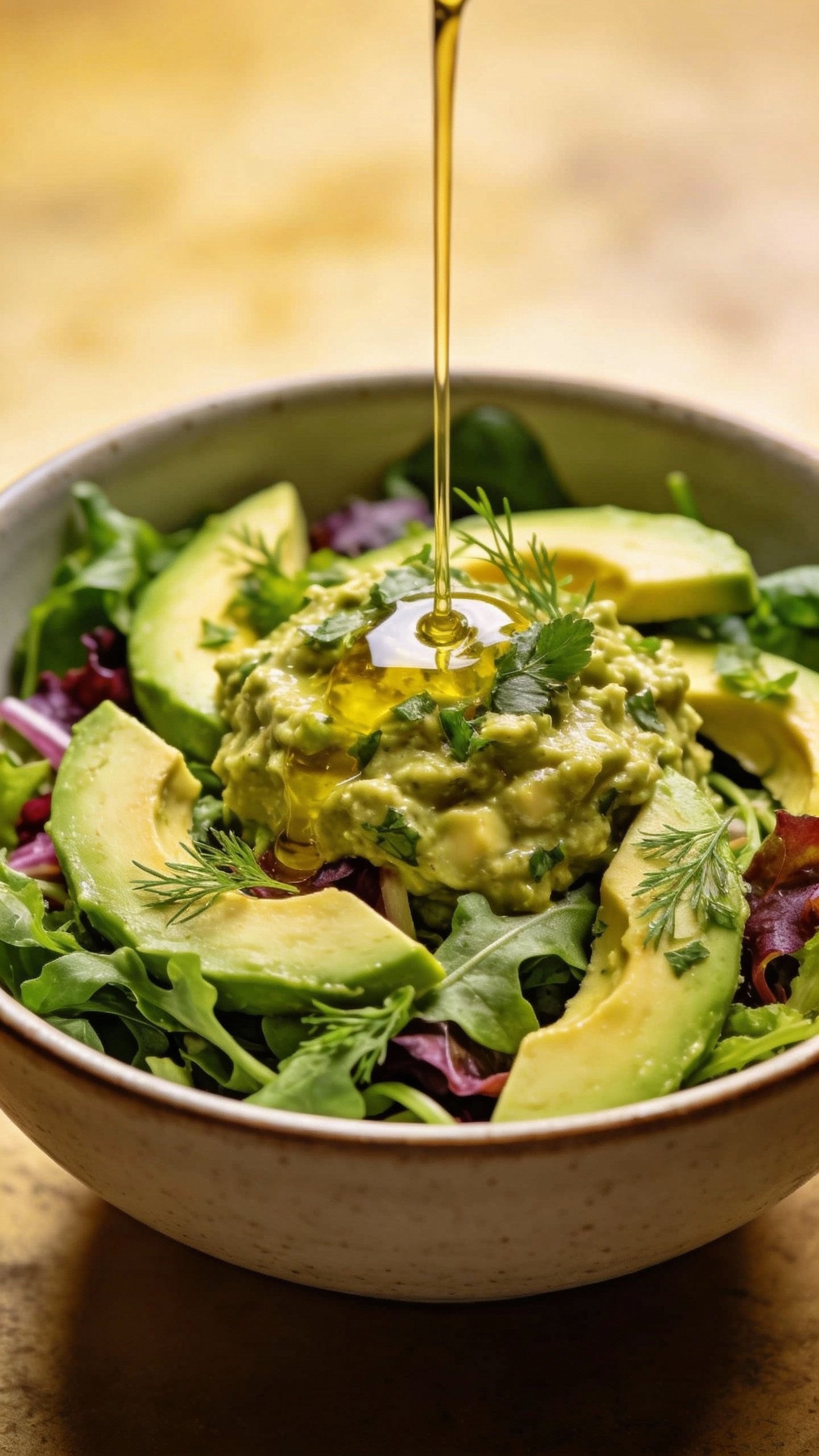 closeup bowl of avocado herb keto salad, matte ceramic