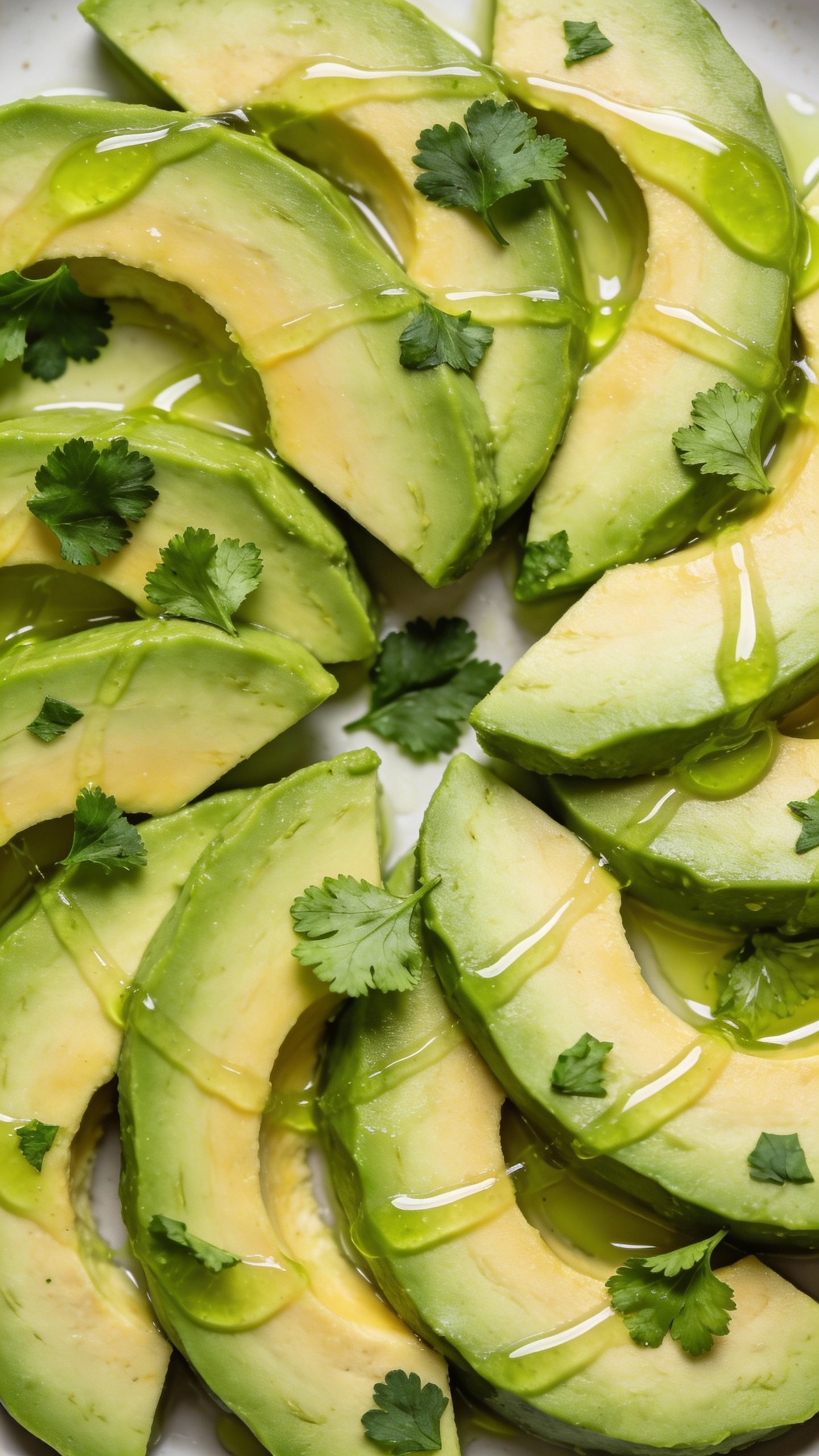 overhead shot of sliced avocado with herbs and lime dressing