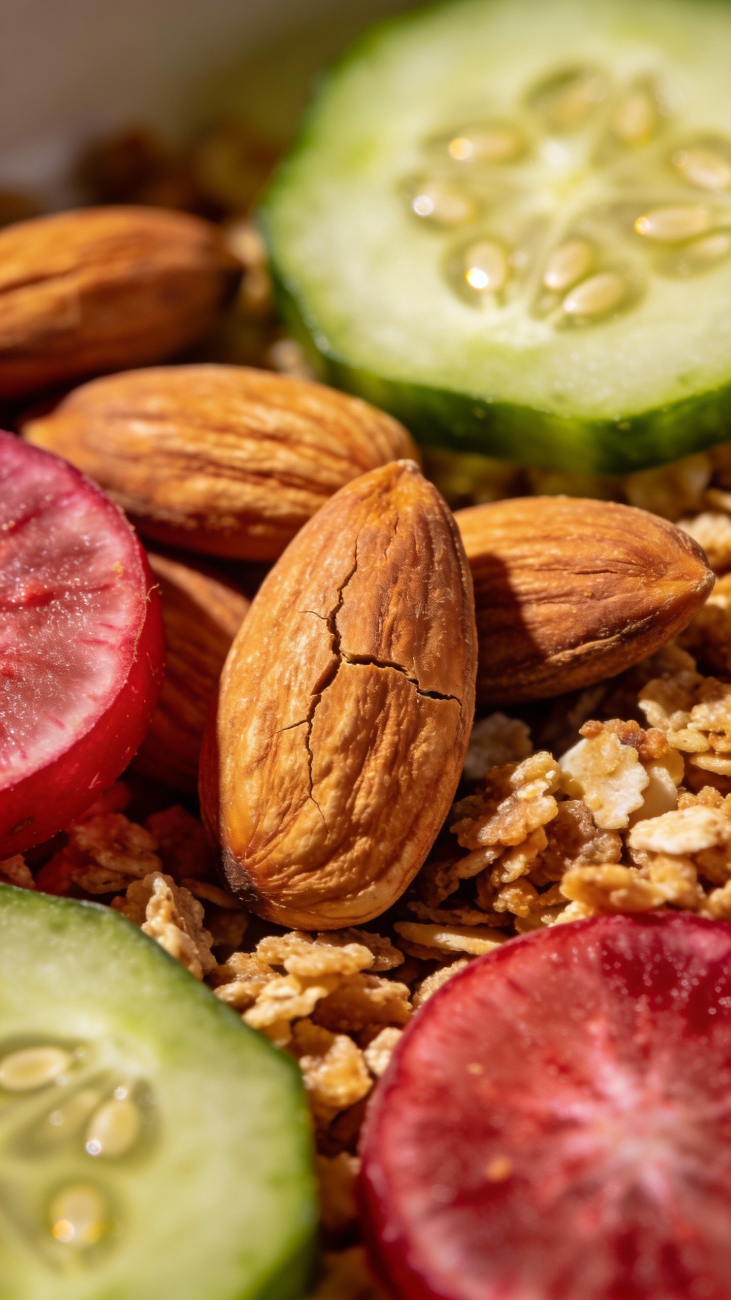 macro of cucumber-radish keto crunch with toasted almonds