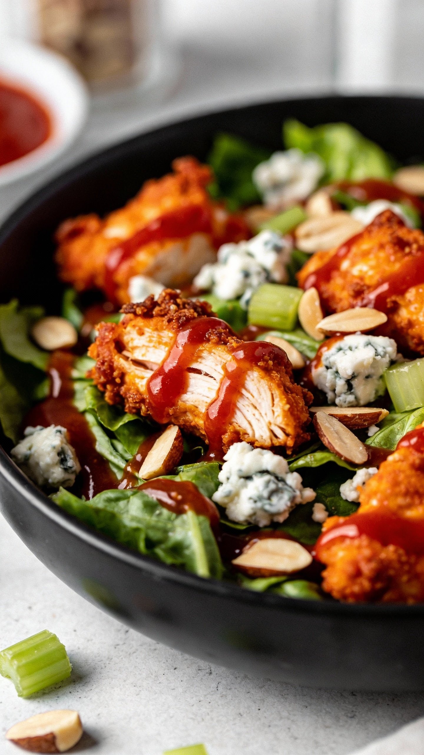 closeup of buffalo chicken keto salad in matte black bowl