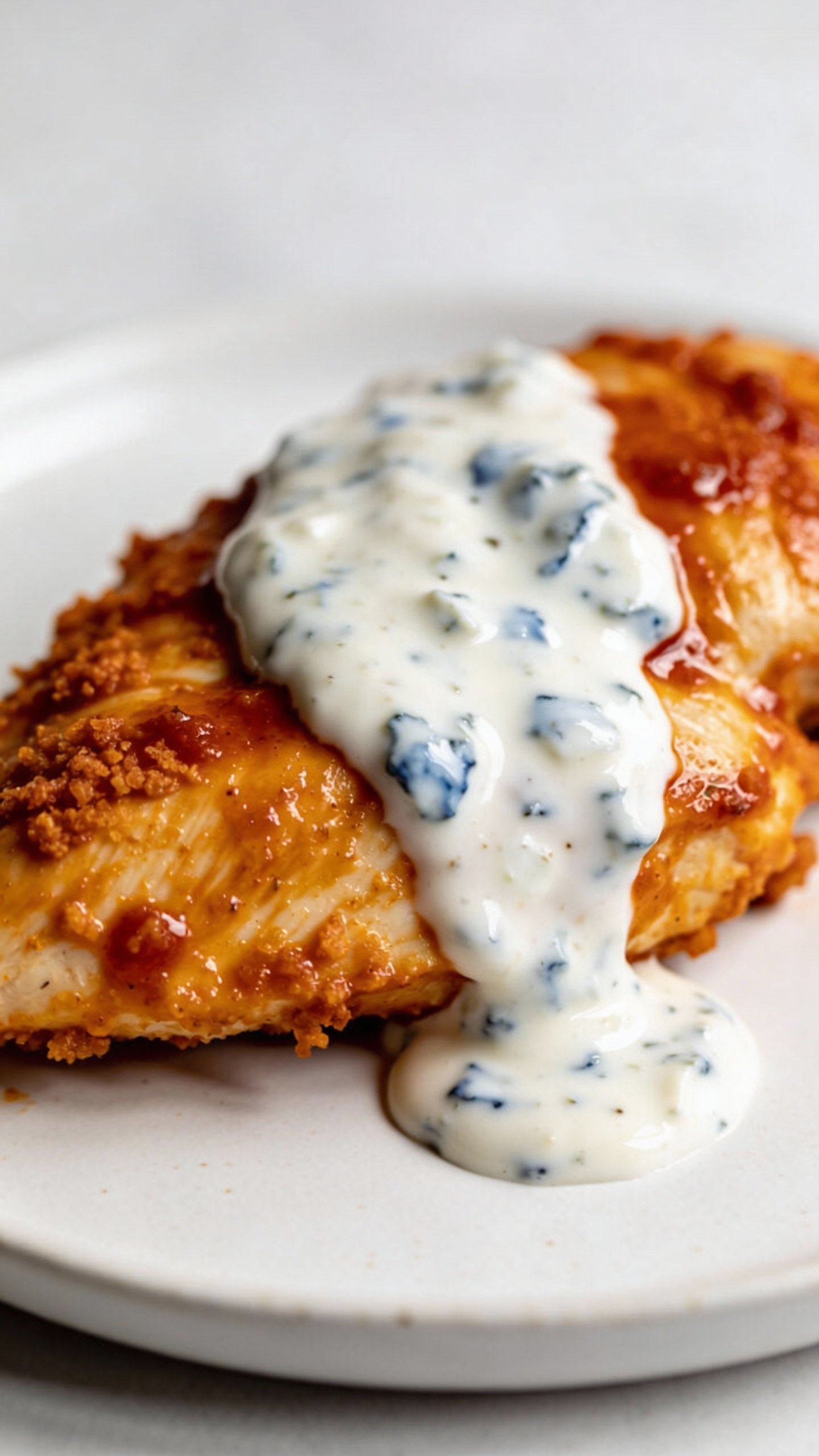 creamy blue cheese drizzle on buffalo chicken breast, studio lighting