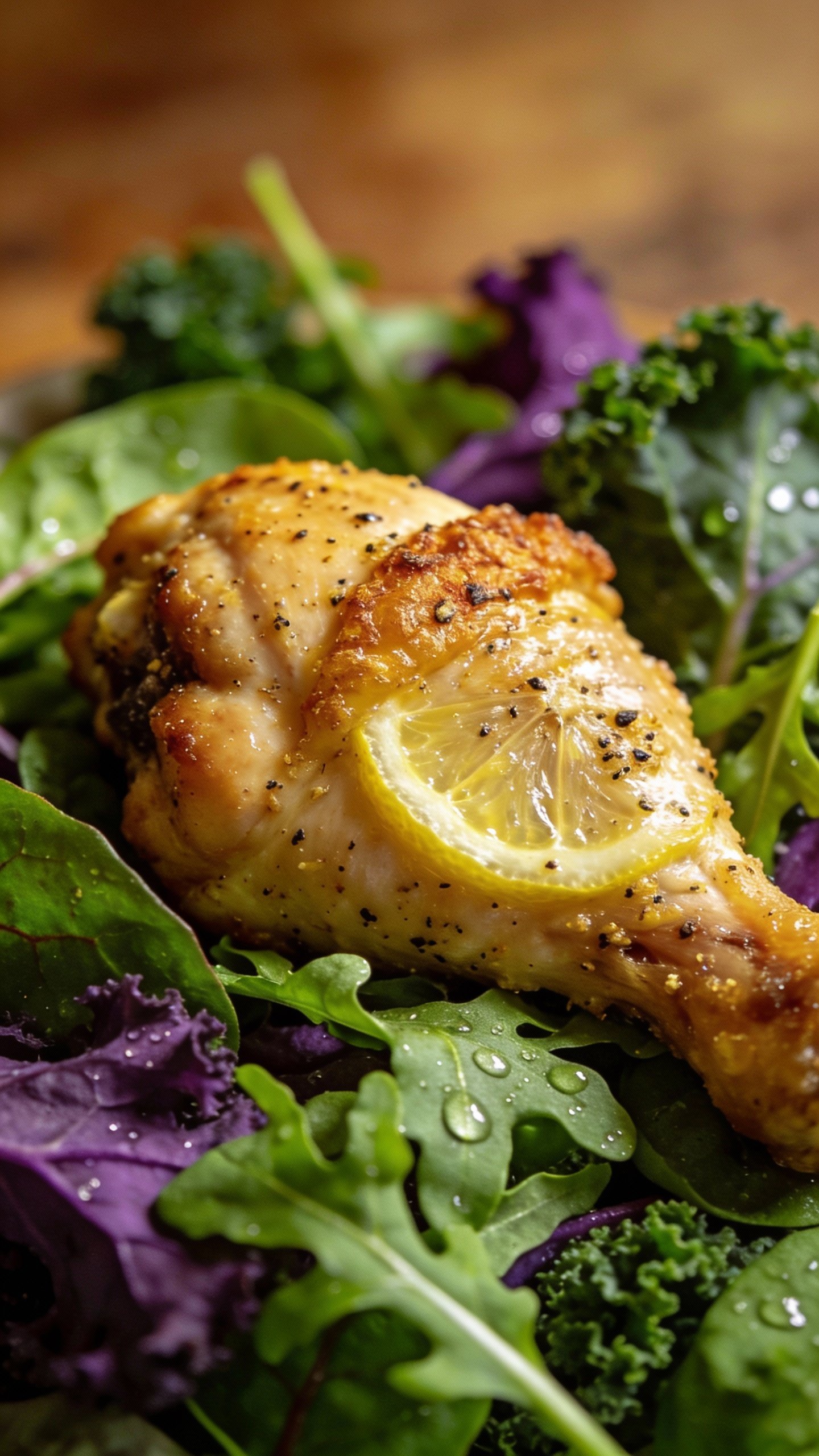 closeup lemon pepper chicken thigh on mixed greens