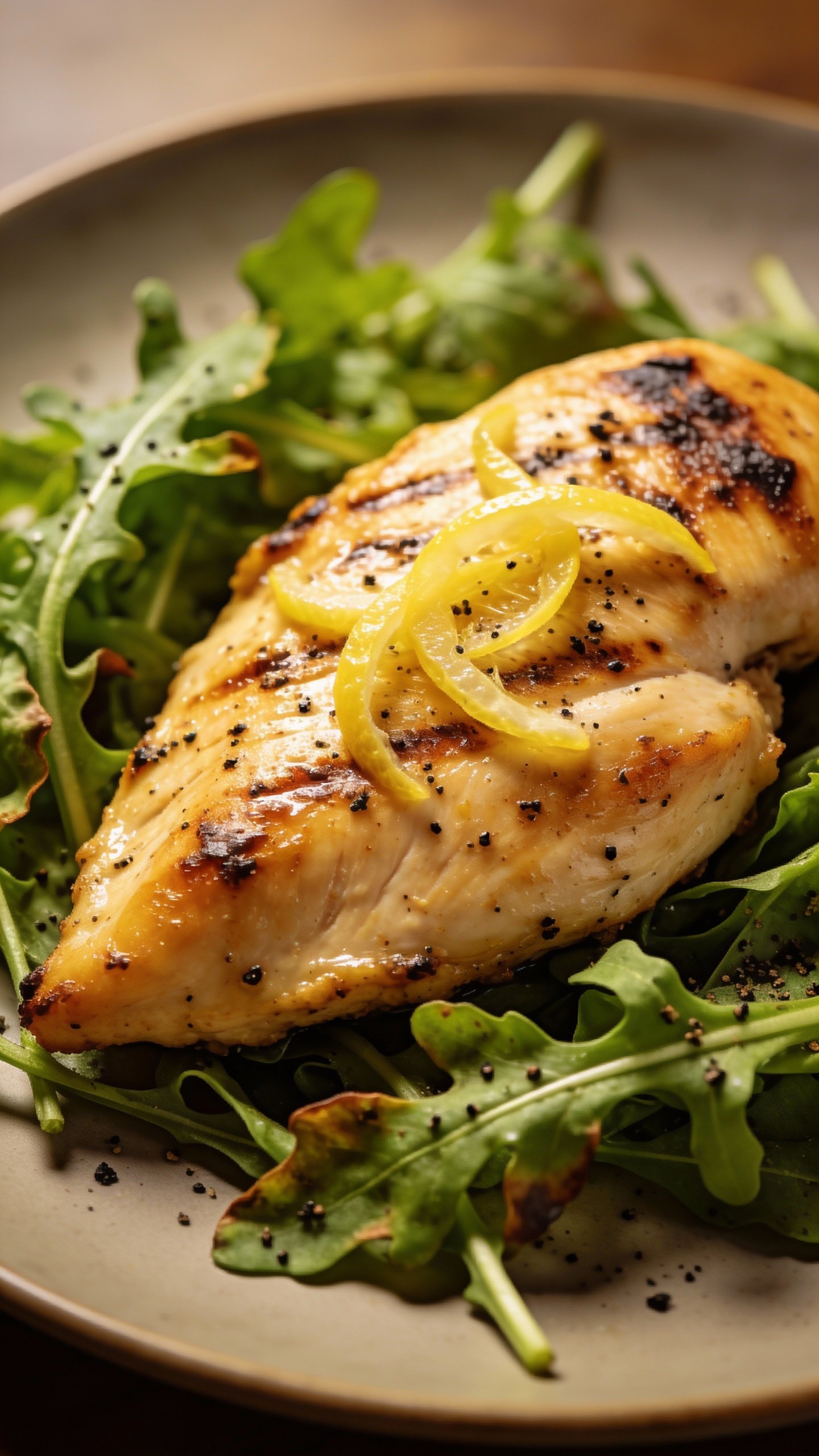 grilled lemon-zested chicken breast on arugula, black pepper