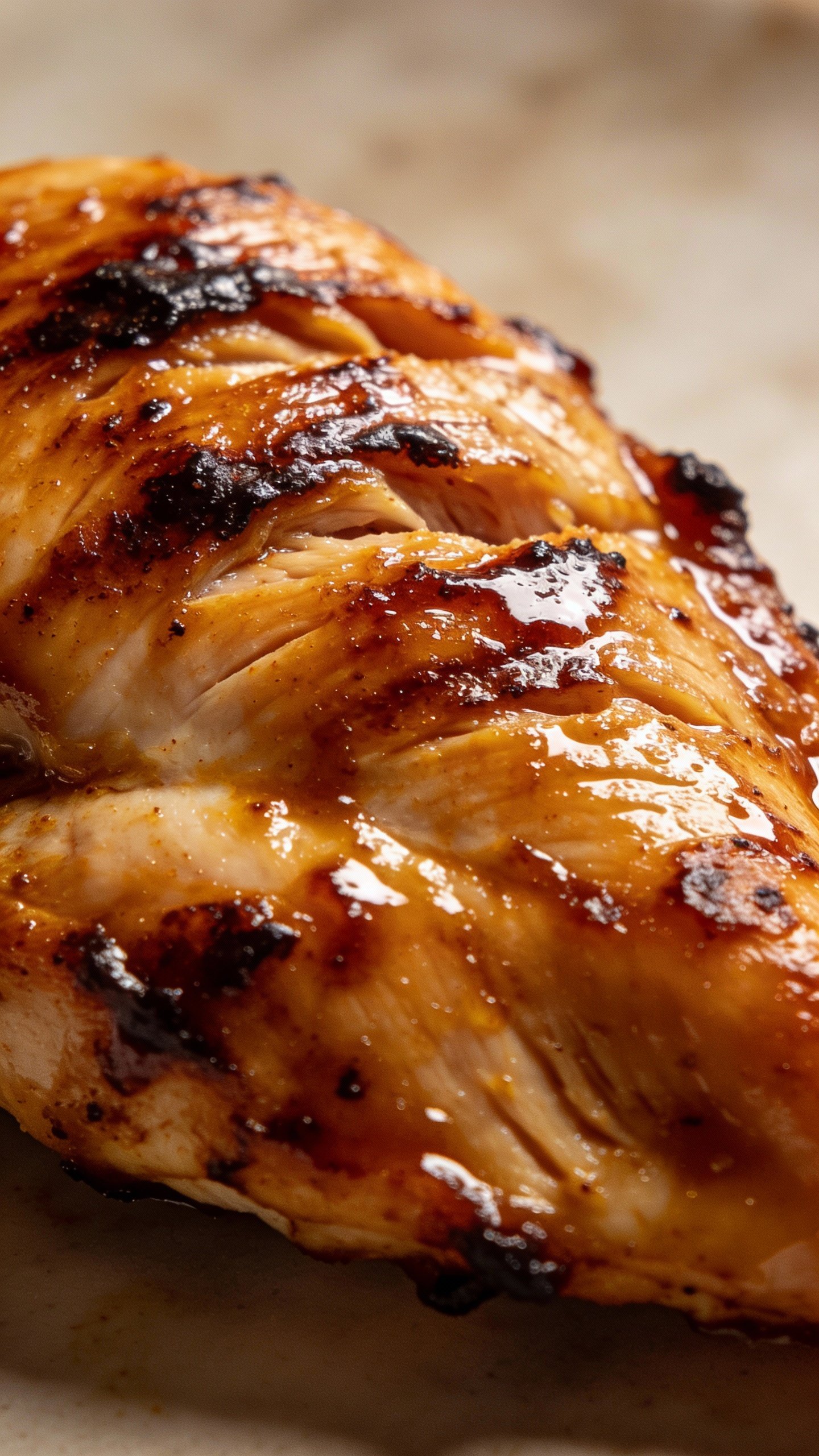 single grilled BBQ chicken breast, glossy low-sugar glaze, macro