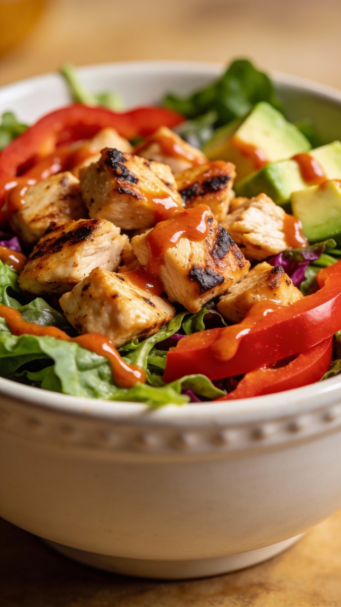 closeup bowl of keto sriracha chicken salad