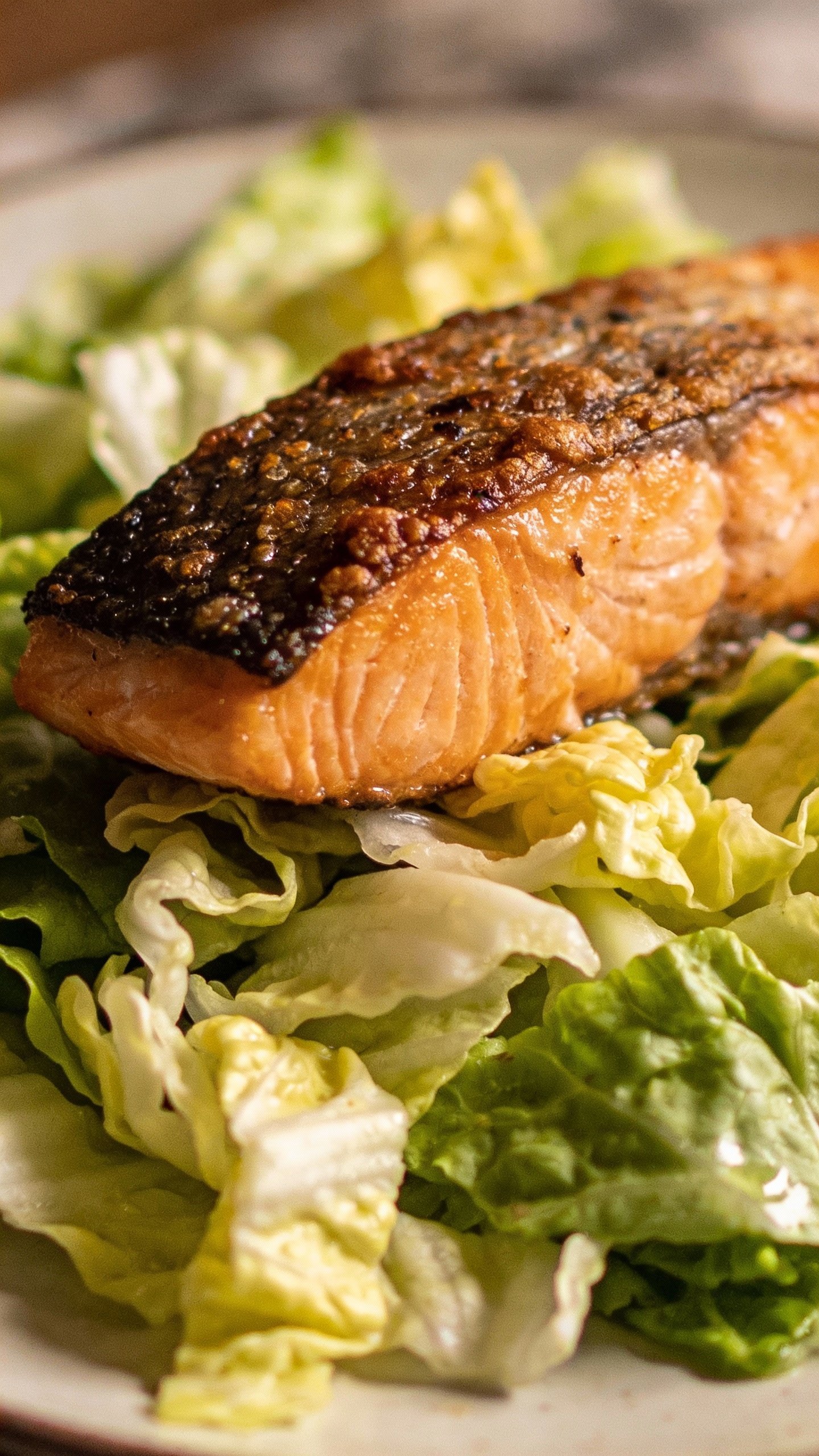 seared salmon fillet atop crunchy cabbage salad