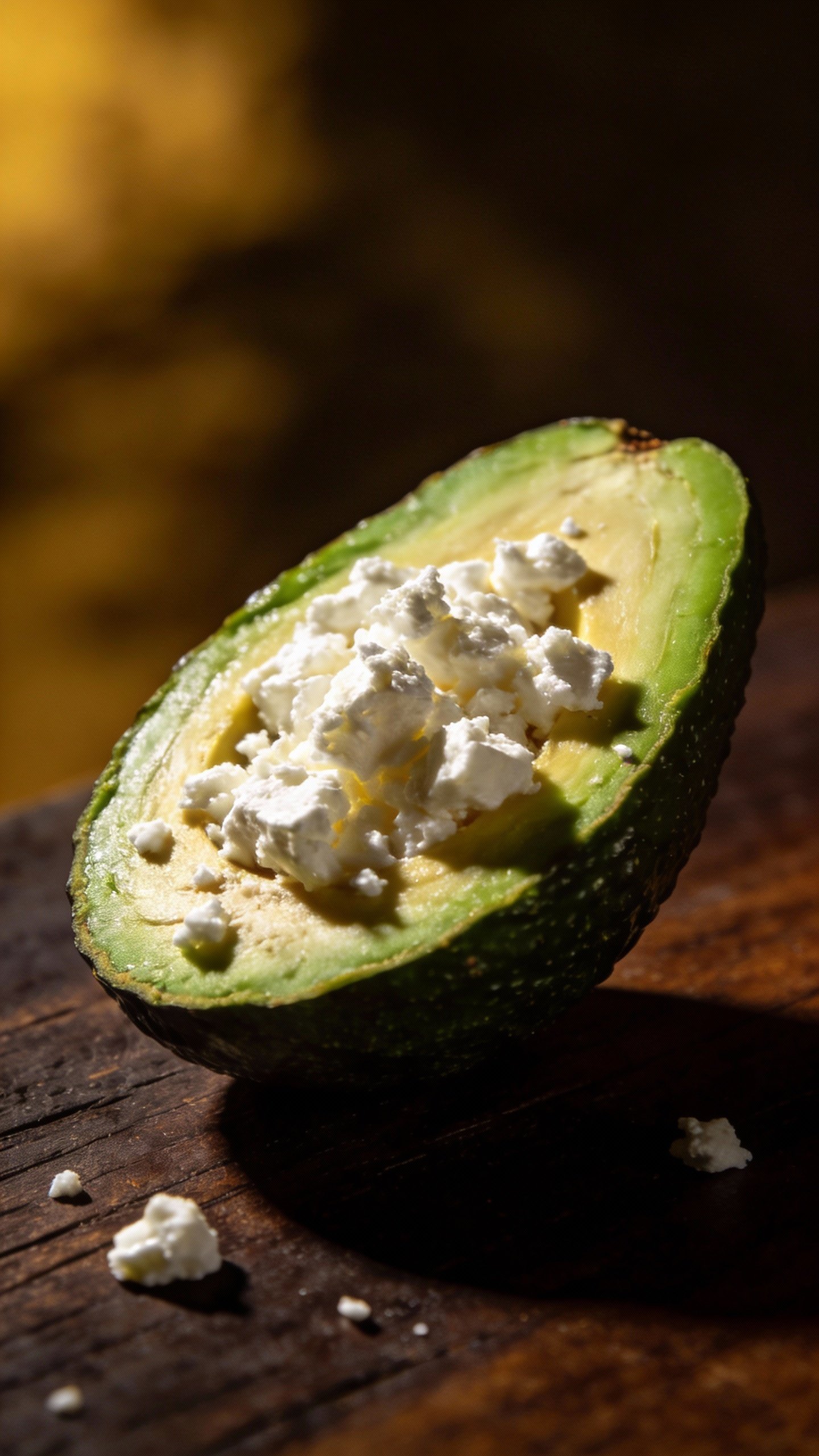 single halved avocado with crumbled feta, dramatic side lighting