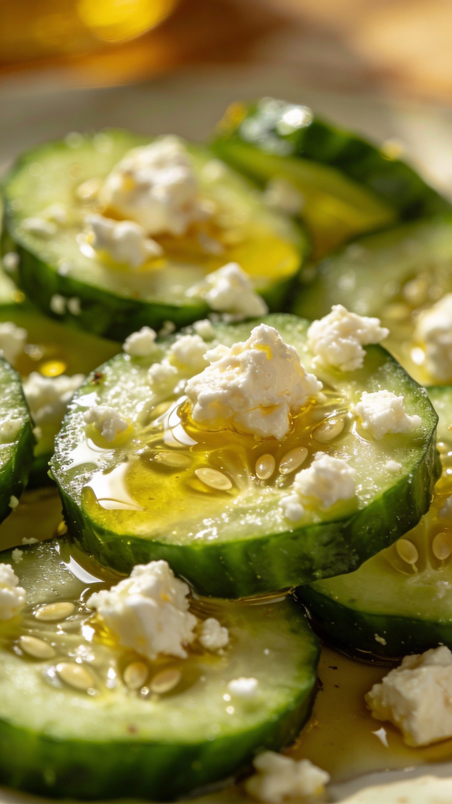 closeup cucumber slices tossed in olive oil and feta crumbles
