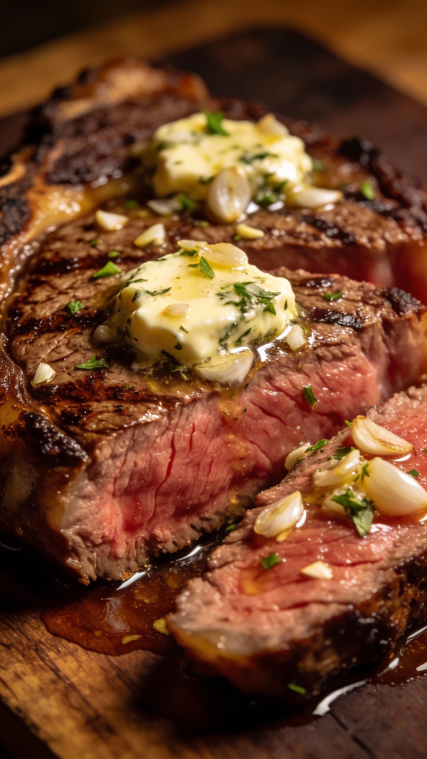 closeup ribeye steak slices with garlic herb butter