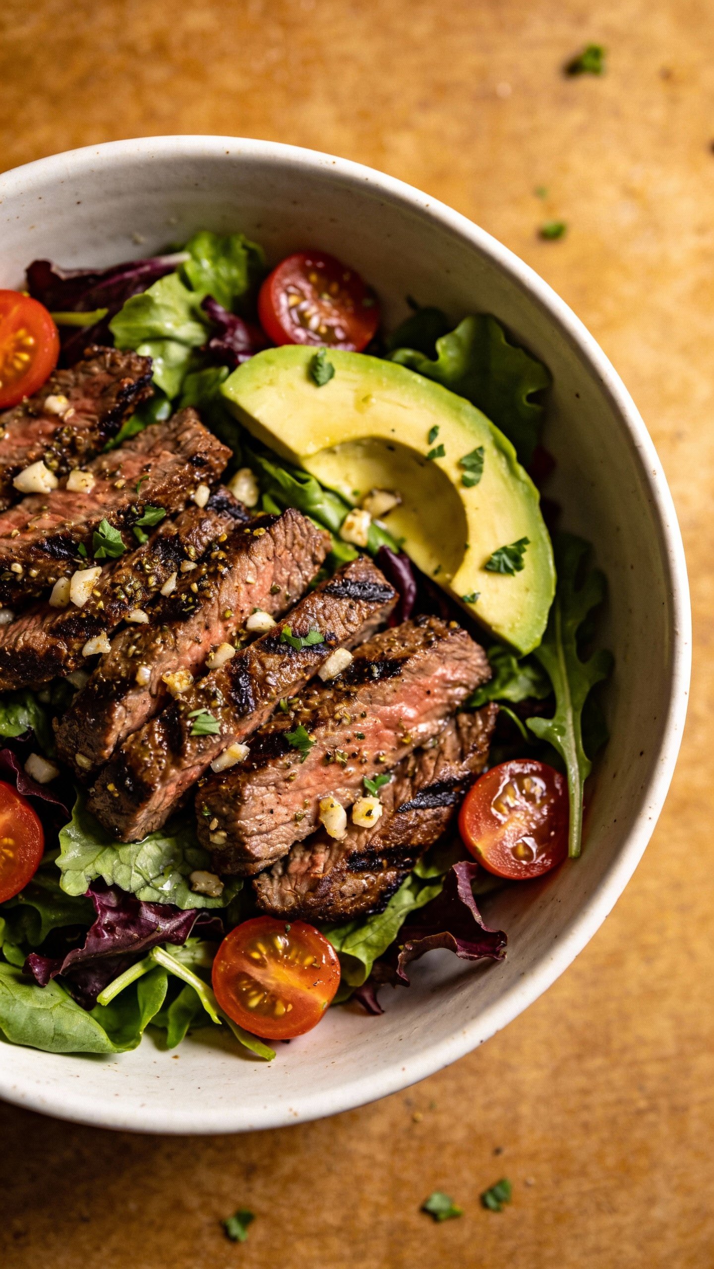 single bowl garlic herb steak keto salad, overhead