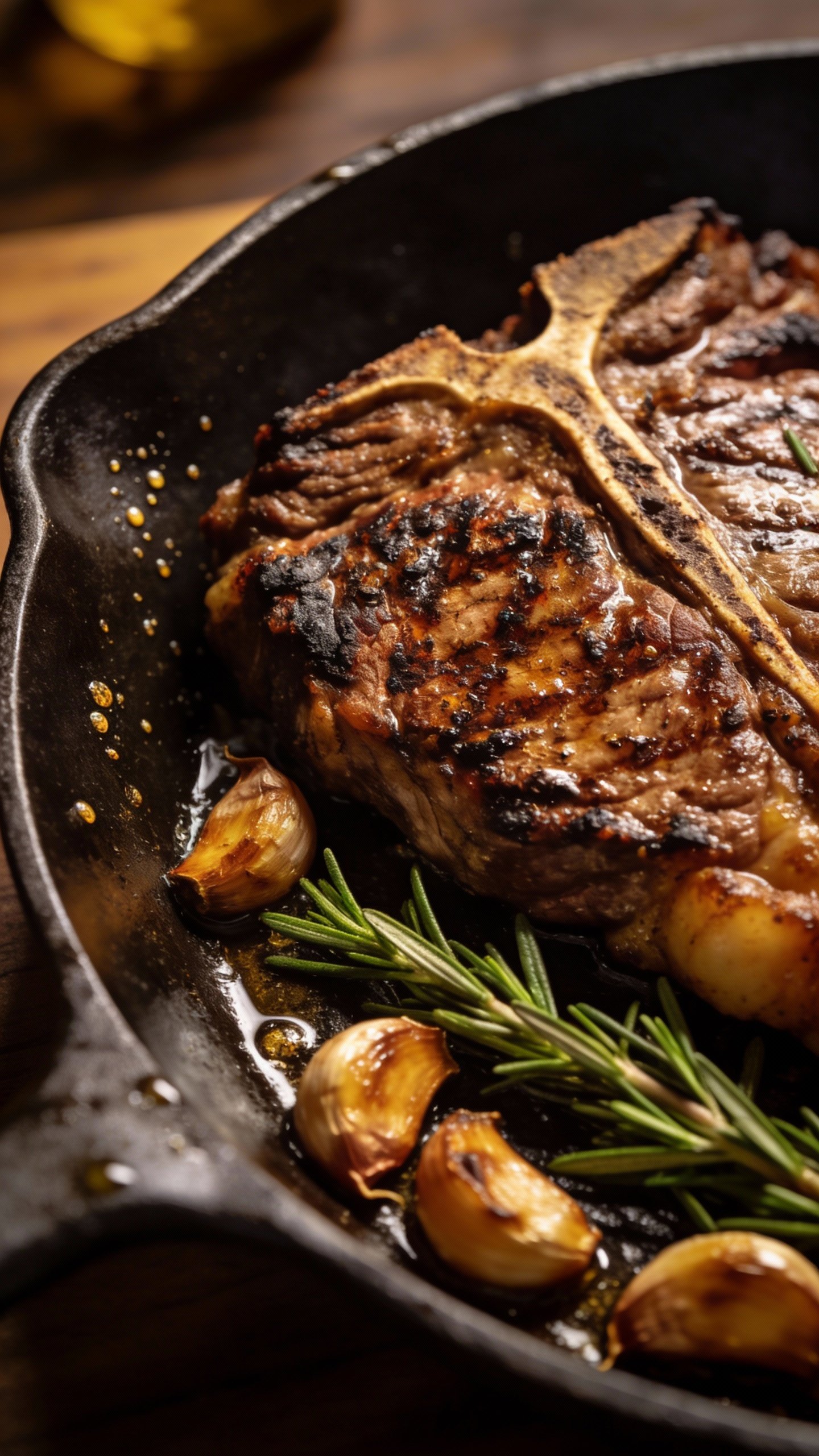 cast-iron seared ribeye with rosemary and browned garlic