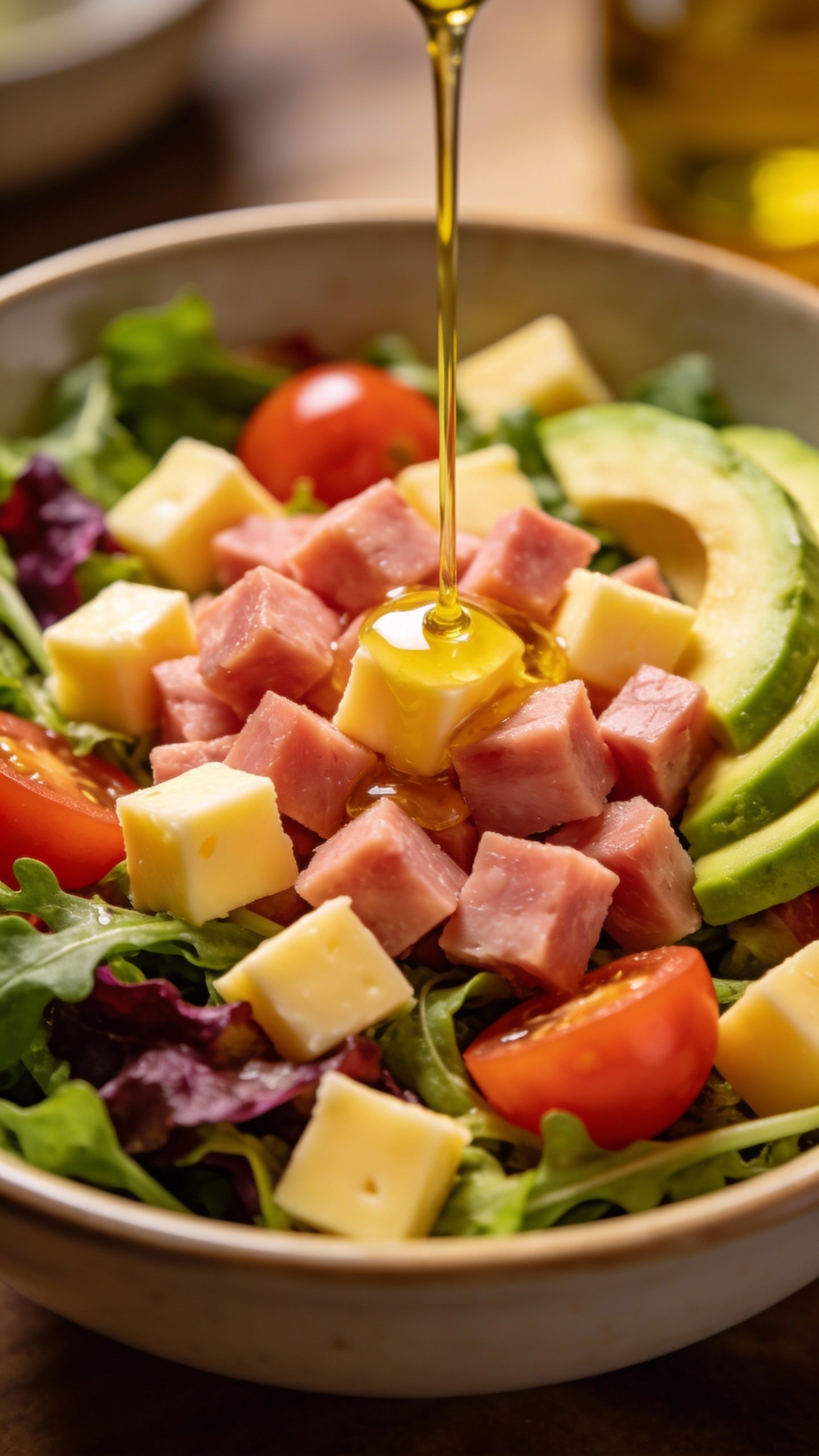 closeup bowl of keto ham and cheese salad