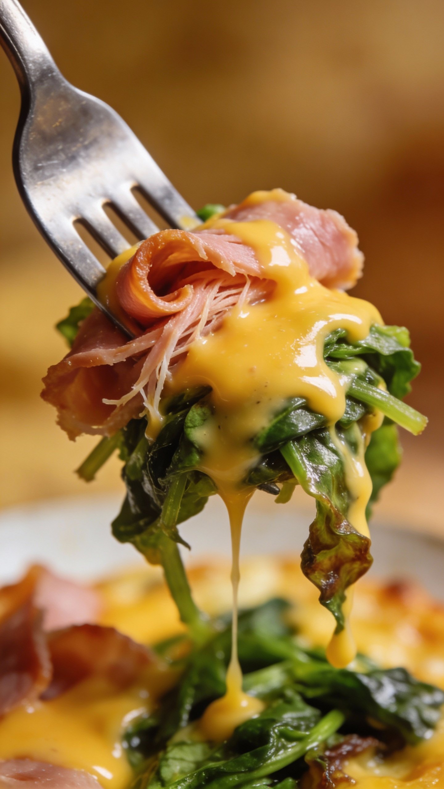 single forkful of ham, cheddar, and greens
