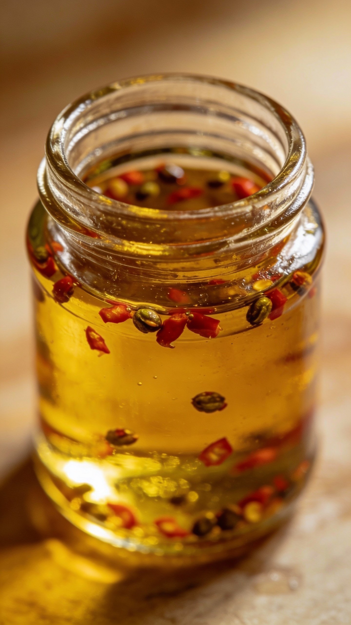 small glass jar of Italian vinaigrette with pepperoncini seeds visible