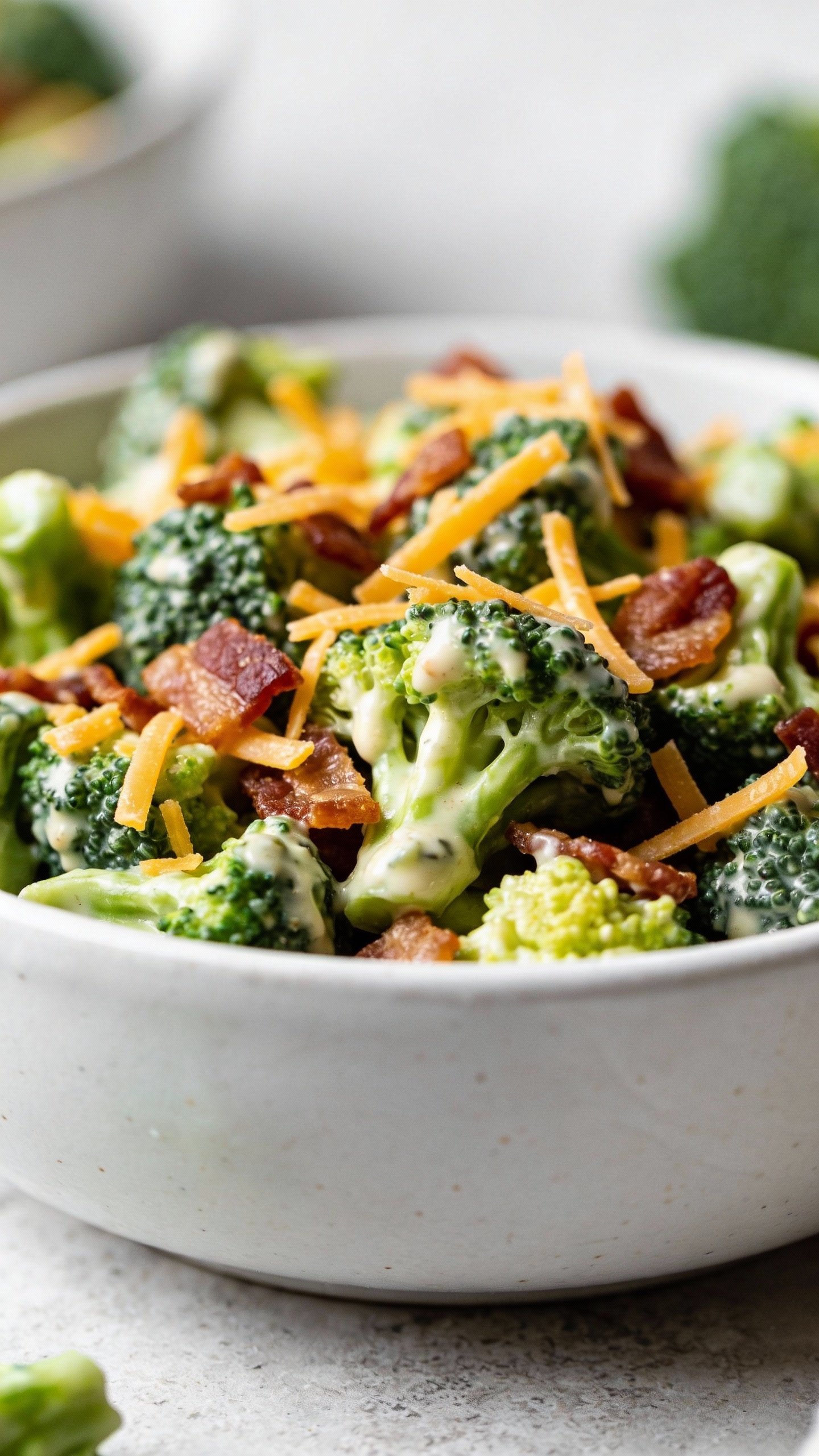 closeup bowl of keto broccoli salad with bacon and cheddar
