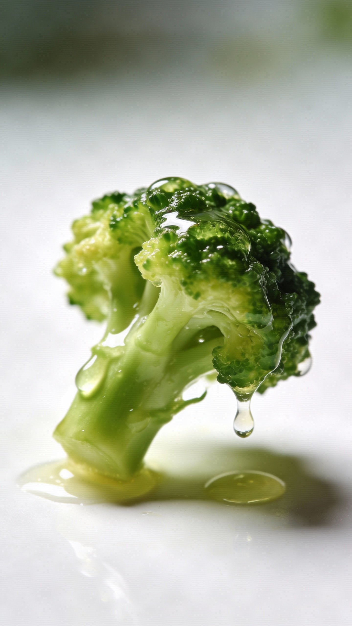single floret of blanched broccoli dripping with dressing