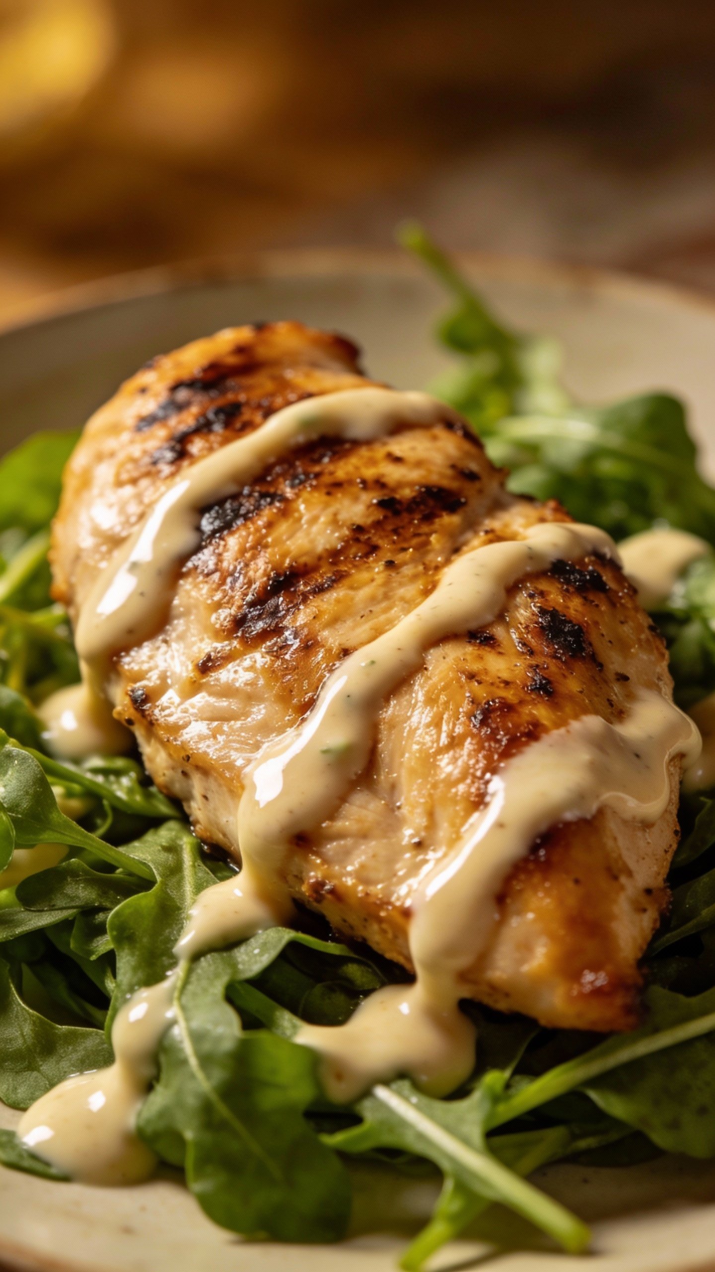 single grilled chicken breast atop spring greens, creamy dressing drizzle