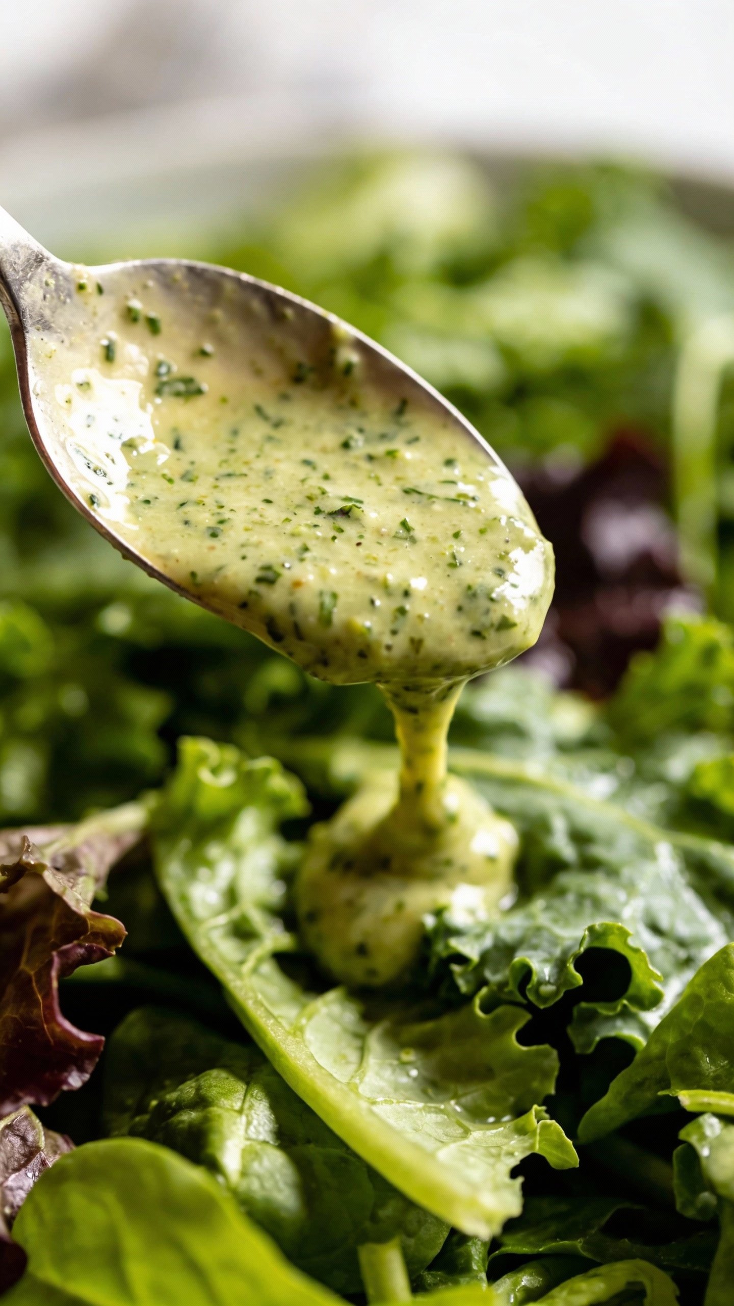 spoonful of tangy keto herb dressing over mixed greens closeup