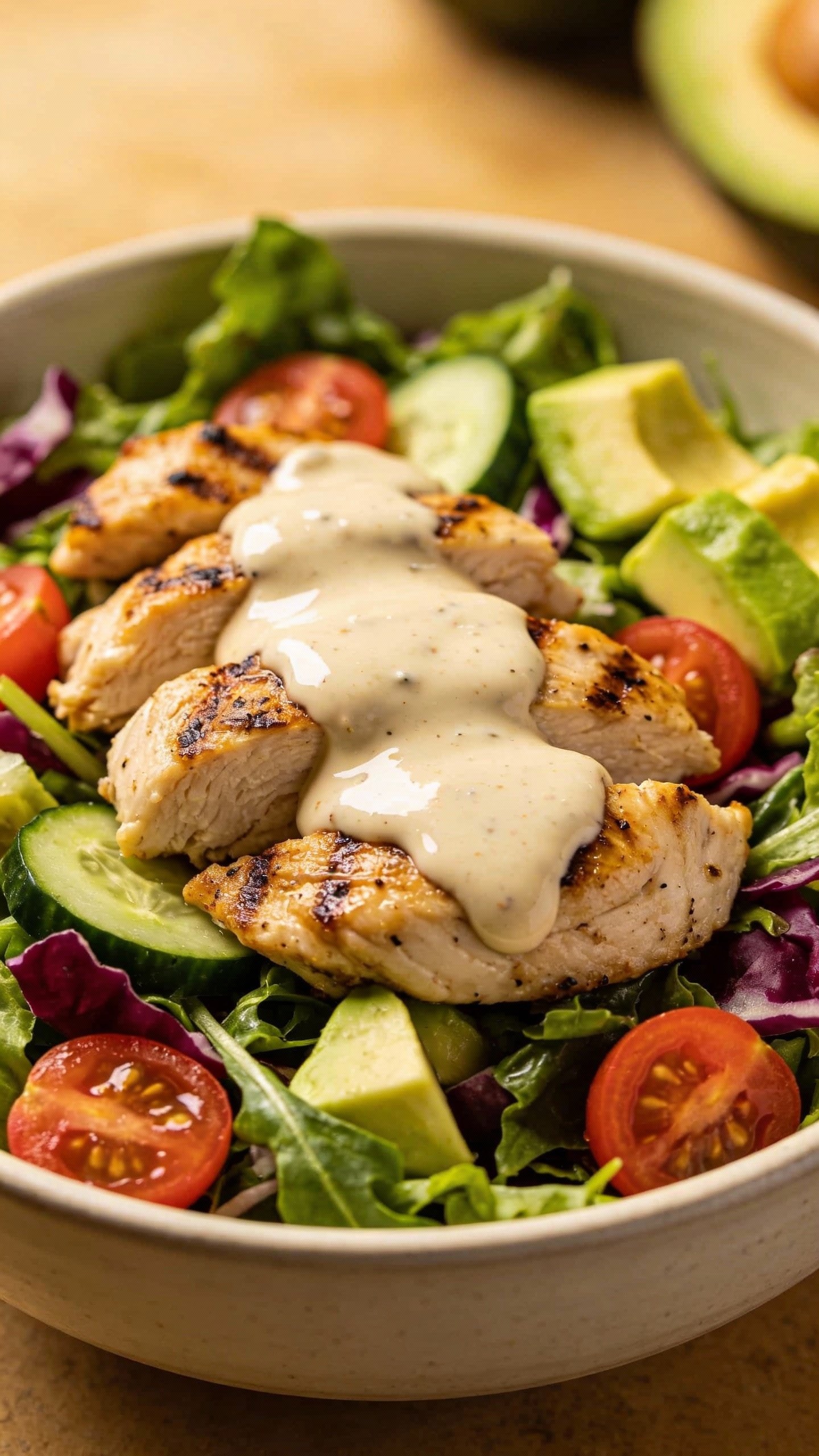 closeup keto chicken salad bowl with creamy dressing