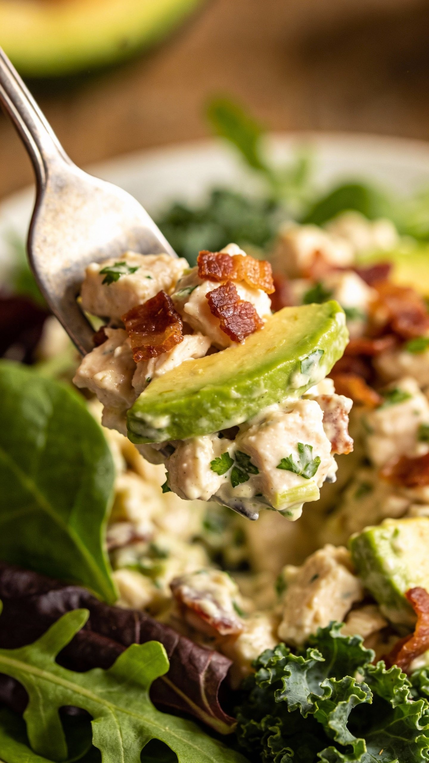 single forkful of keto chicken salad over greens