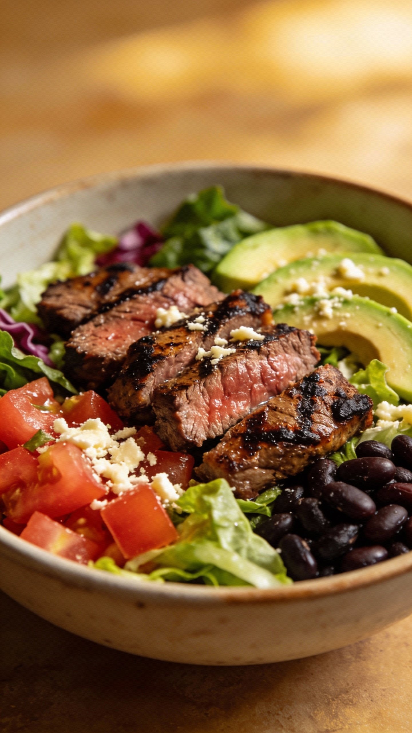 closeup bowl of low-carb southwest steak salad