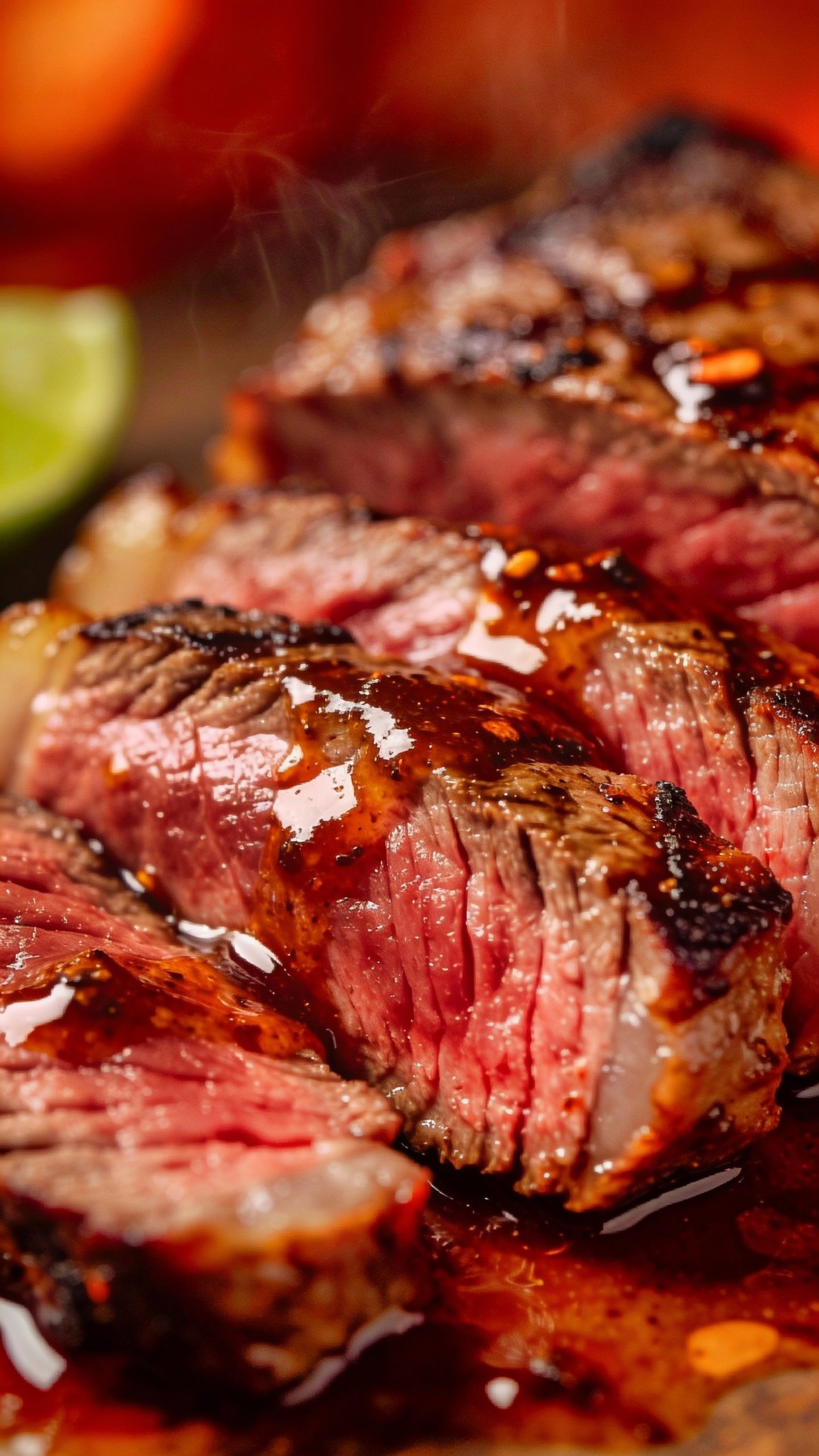 sliced medium-rare steak with chipotle-lime glaze, macro