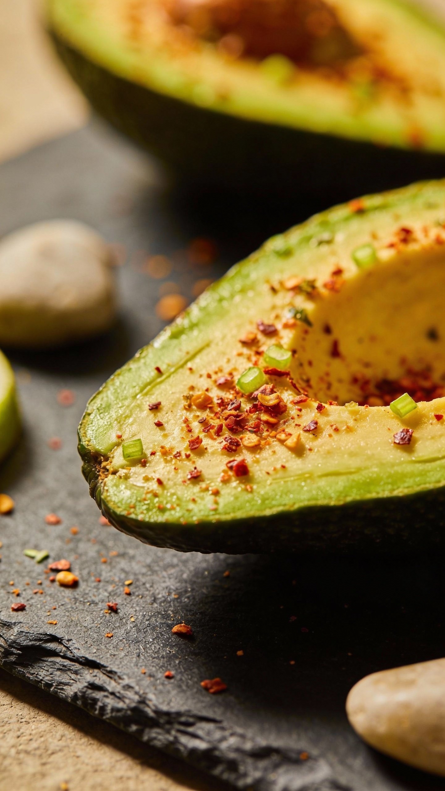avocado half with chili-lime seasoning on dark slate