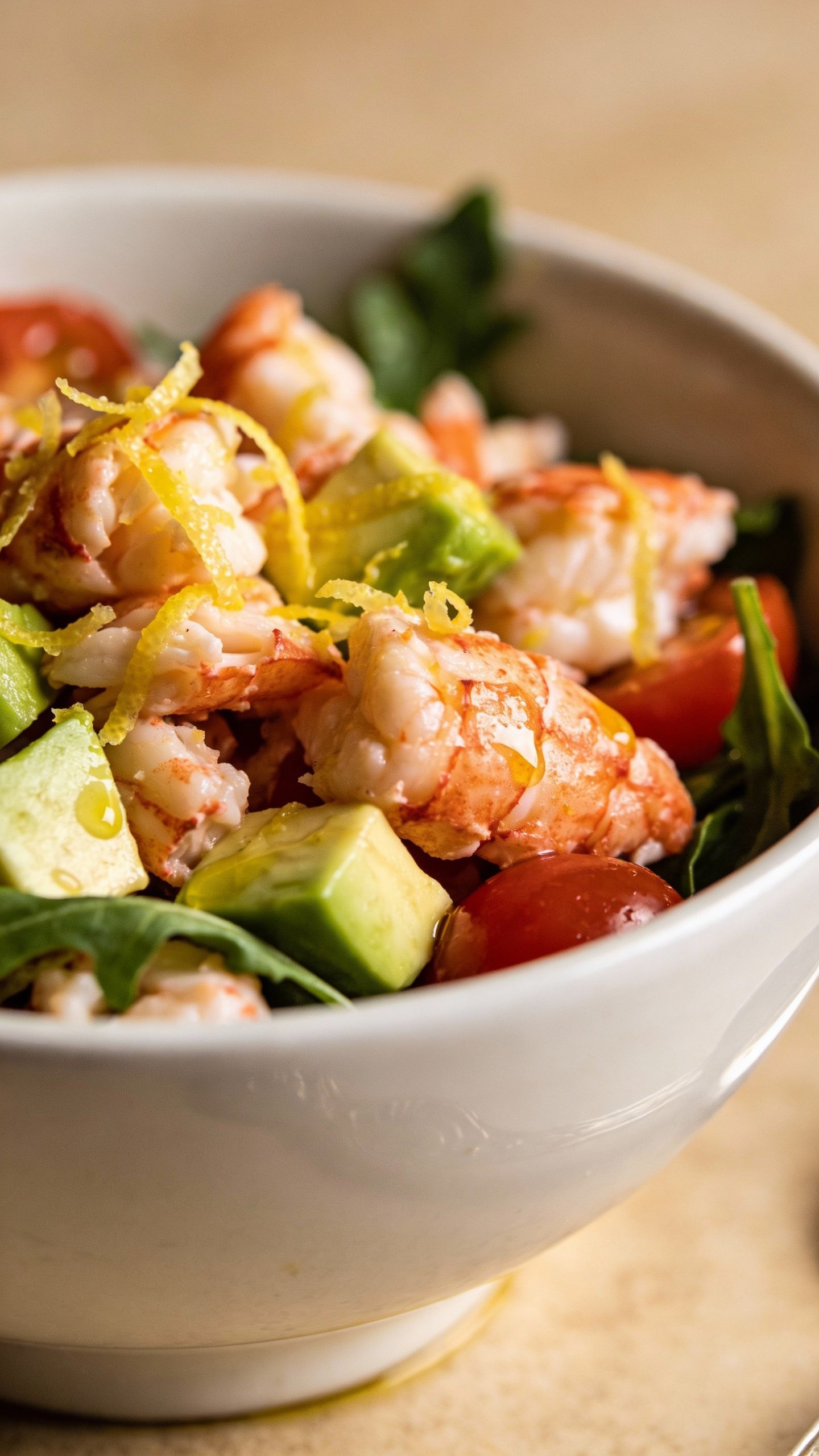 closeup of keto lobster salad in white bowl, lemon zest
