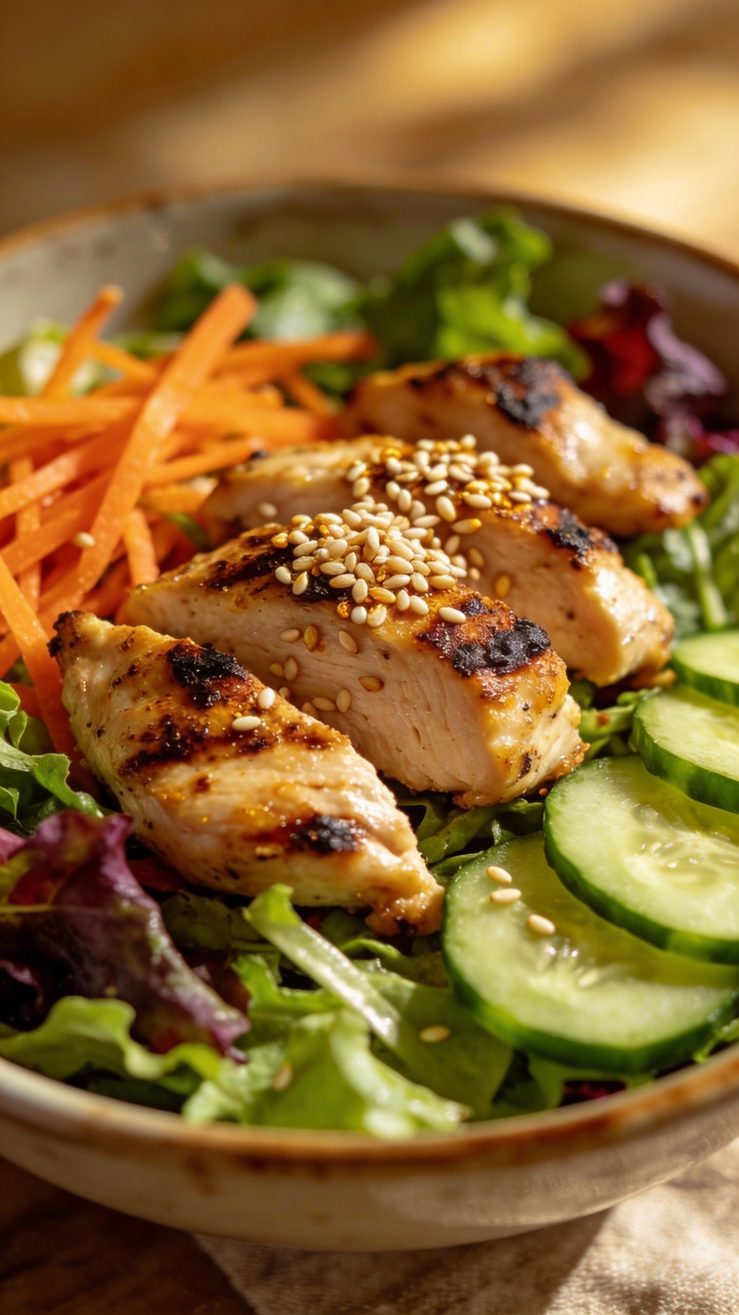 closeup bowl of low-carb Asian chicken salad, sesame garnish
