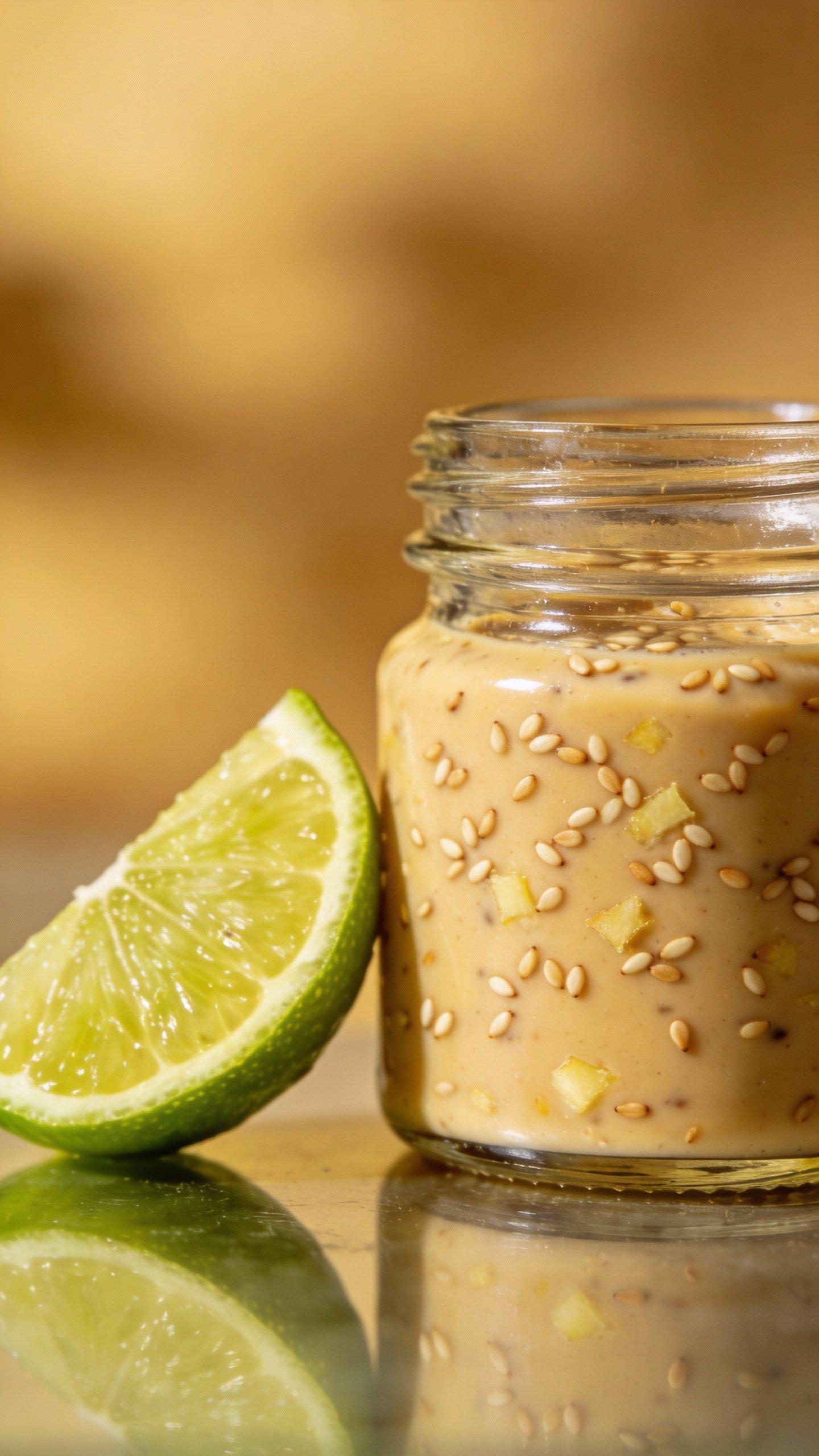 small glass jar of sesame-ginger dressing, lime wedge nearby