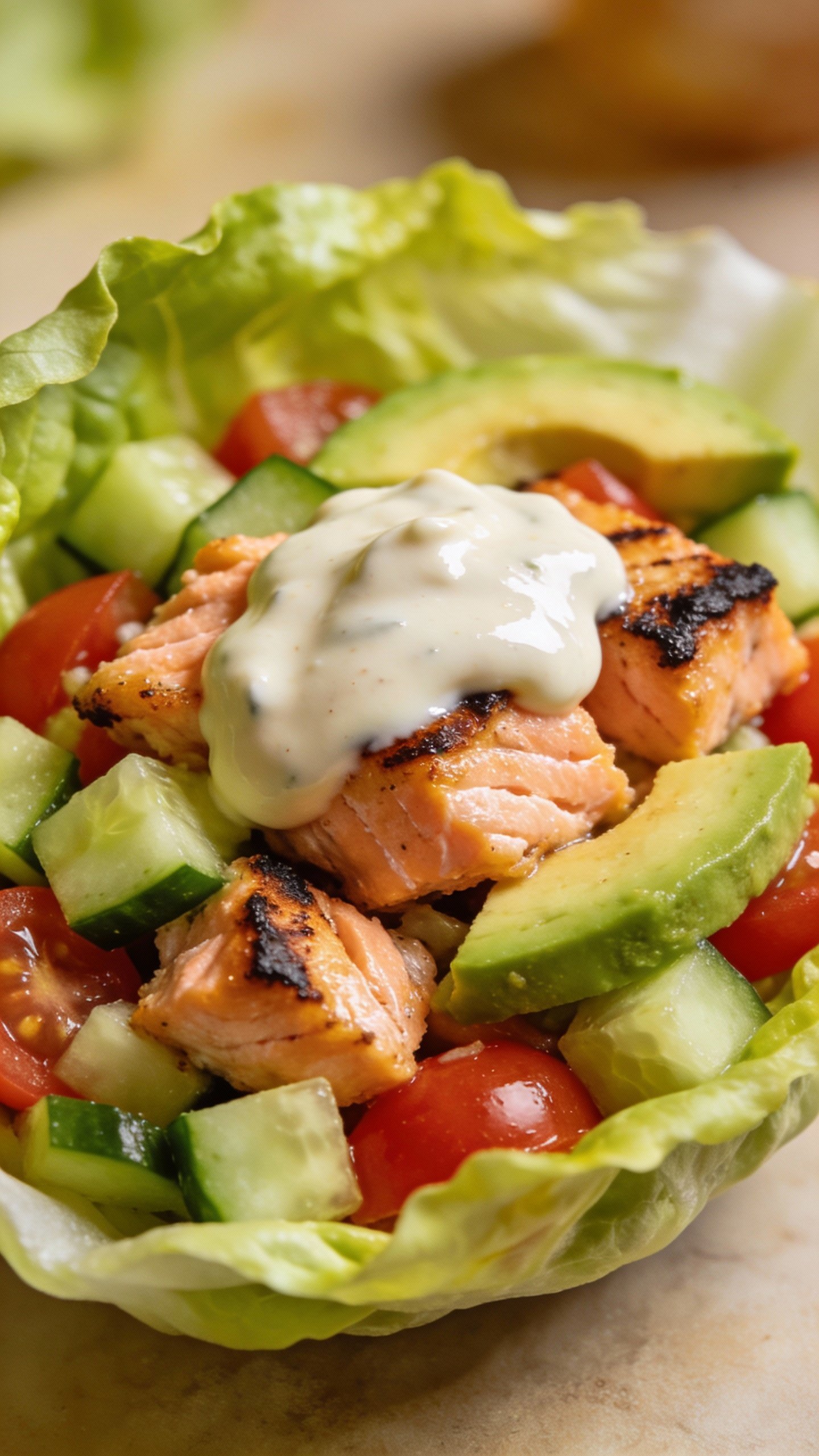 closeup keto salmon salad in lettuce cup, creamy dressing