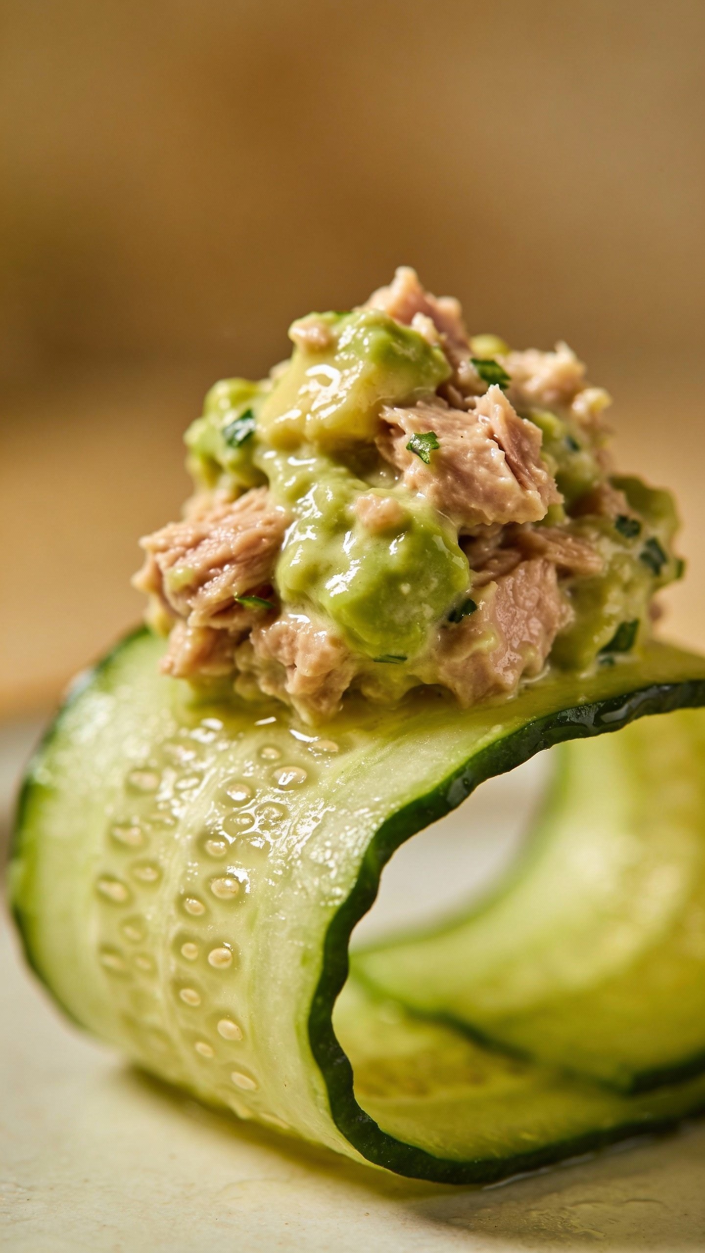 cucumber slice topped with creamy avocado tuna salad closeup