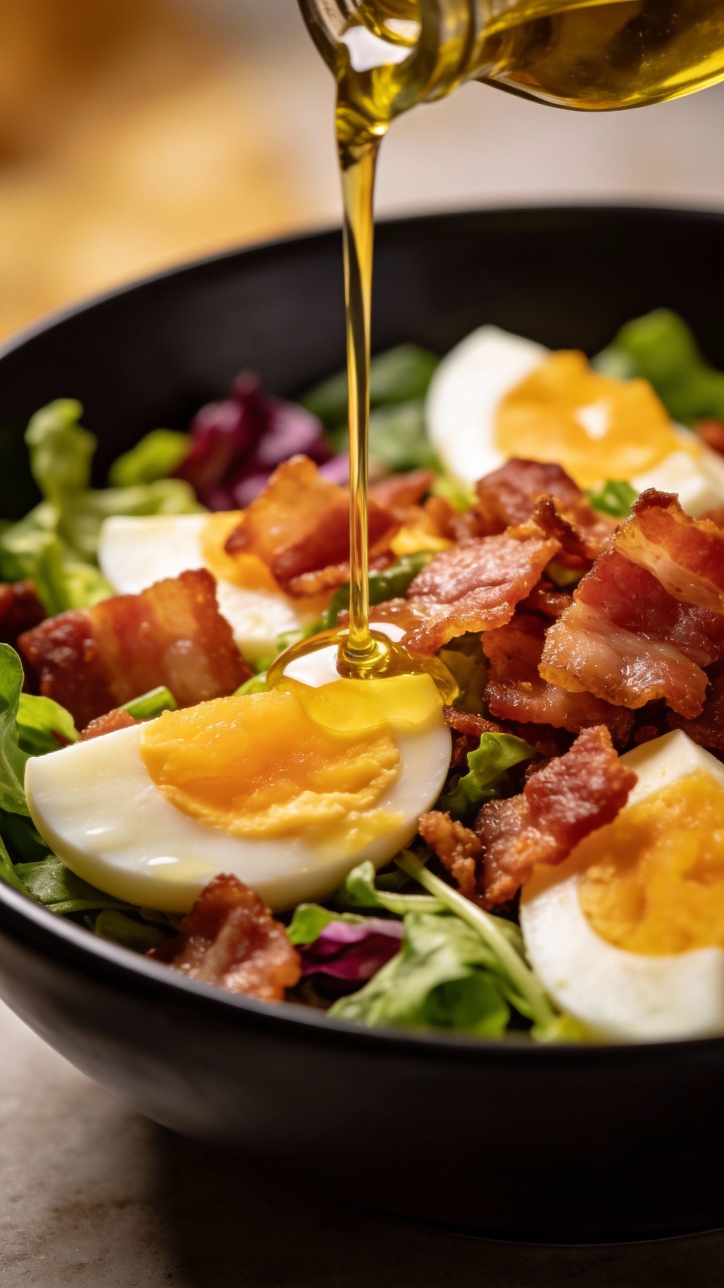 closeup bowl of keto egg and bacon salad, matte black