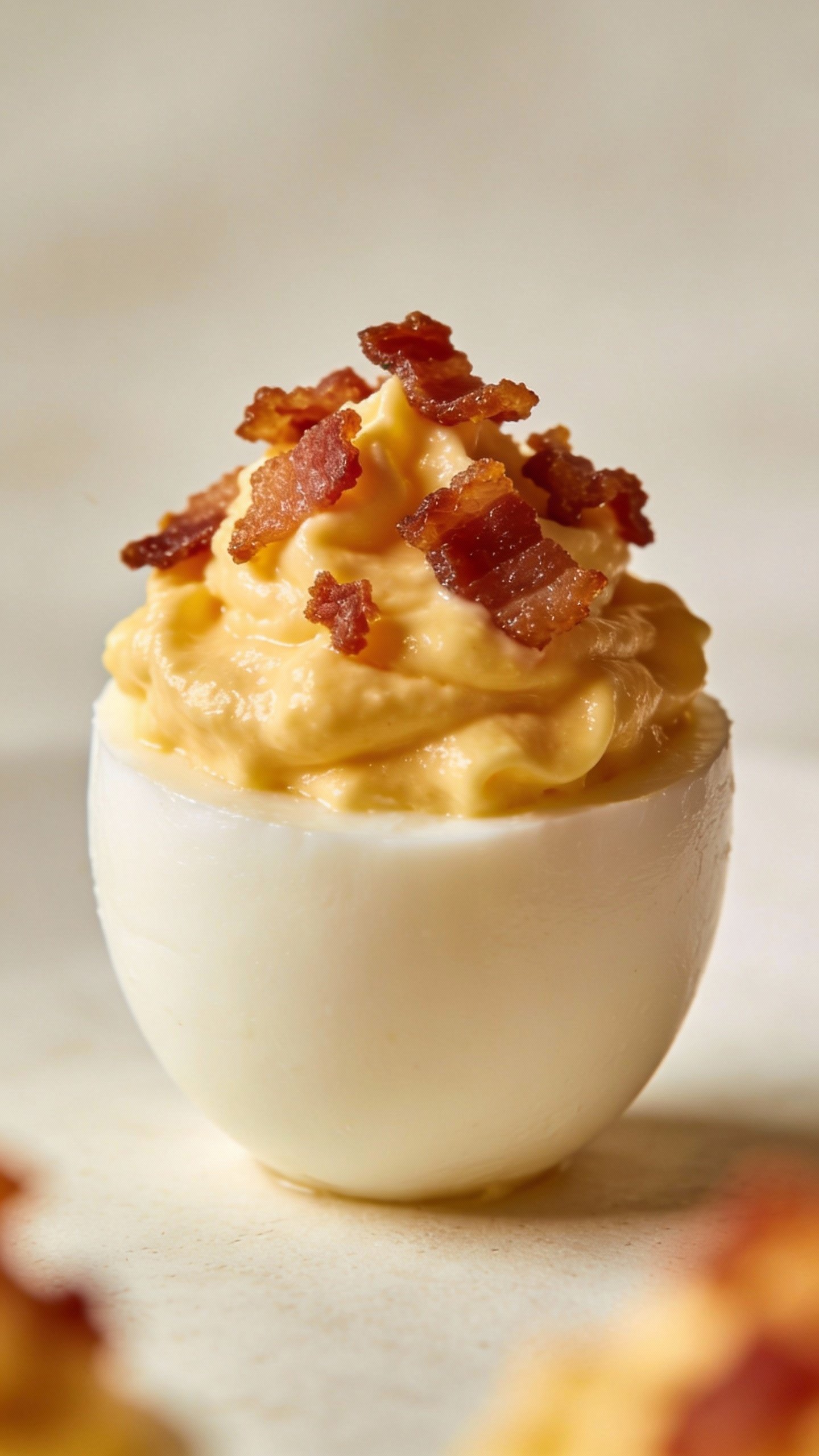 single deviled-style egg topped with crispy bacon crumbs