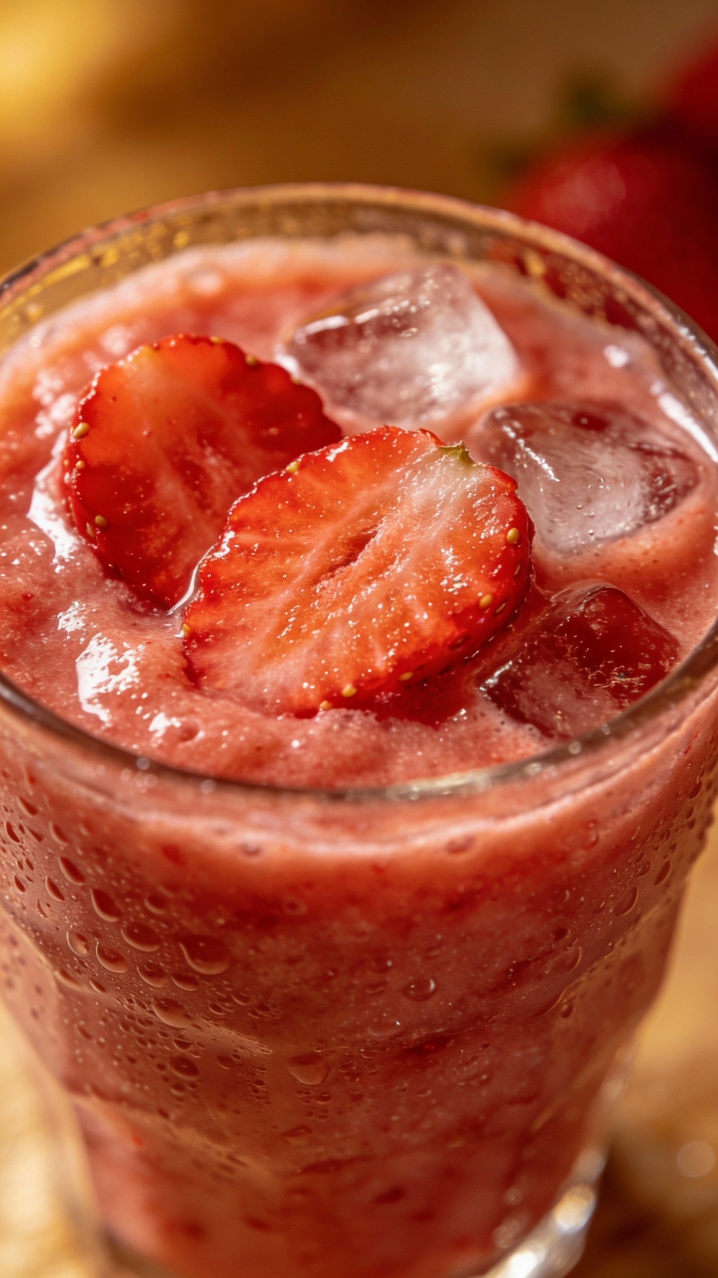 closeup strawberry smoothie in clear glass, thick and creamy