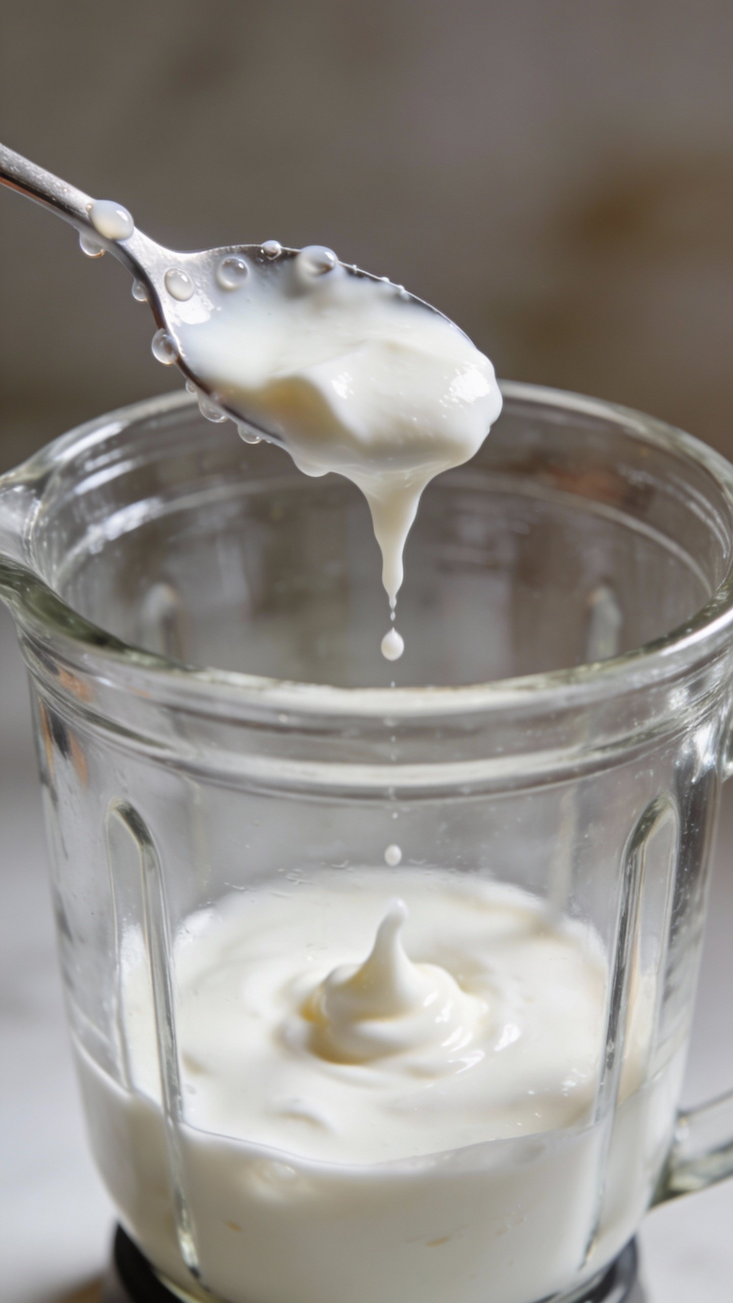 spoonful of Greek yogurt dripping into blender jar