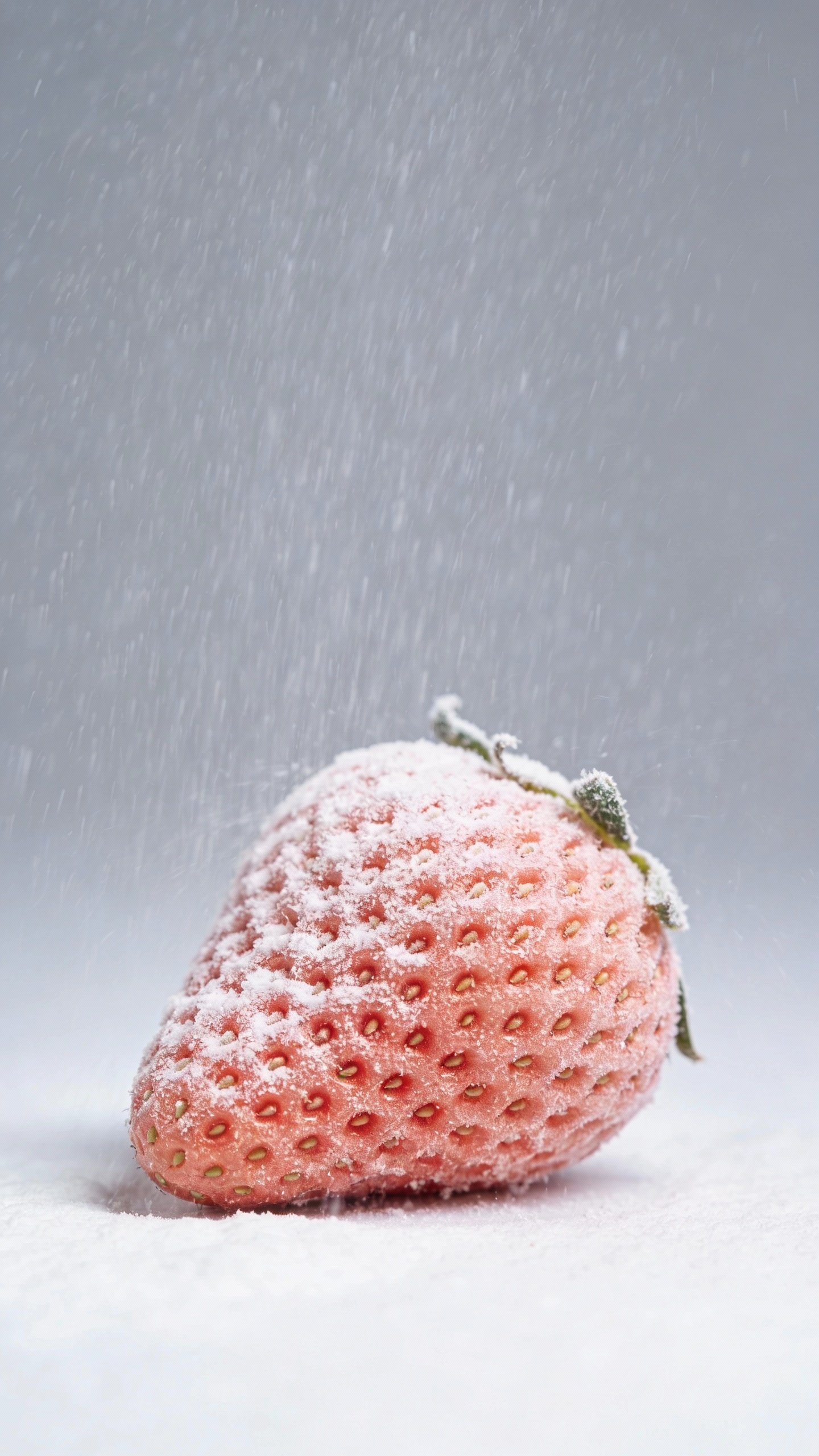 single frozen strawberry with frost crystals on matte backdrop
